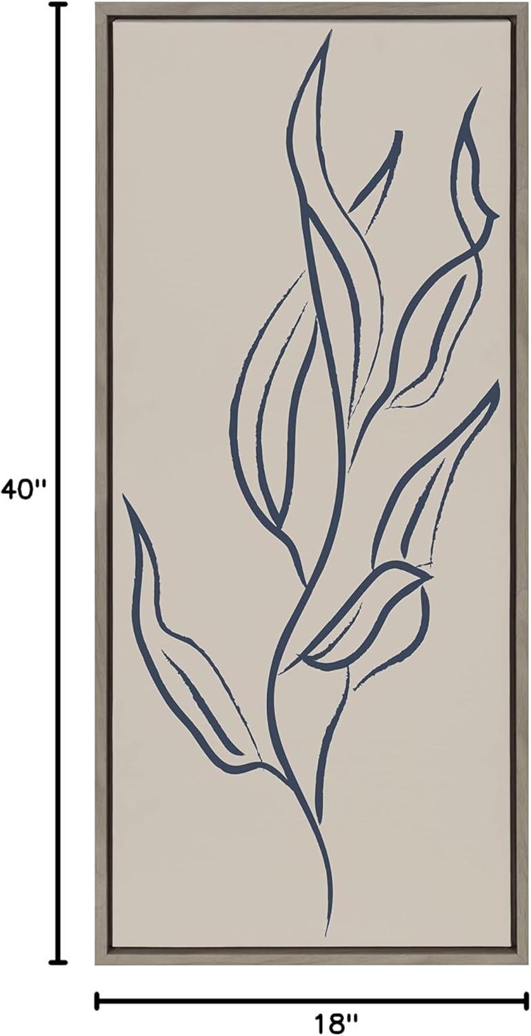 Kate and Laurel Sylvie Muted Illustrated Botanical Dark Blue and Tan Framed Canvas Wall Art by The Creative Bunch Studio, 18x40 Gray, Leaf Plant Art for Wall