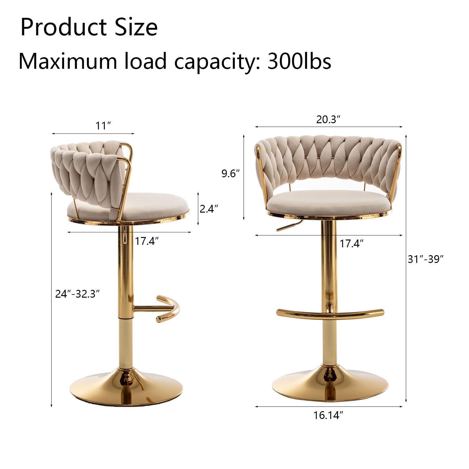 Gold Velvet Bar Stools Set of 4, Counter Height Bar Chairs with Low Back, Swivel Bar Stool for Kitchen Island, Bar Pub (Beige)