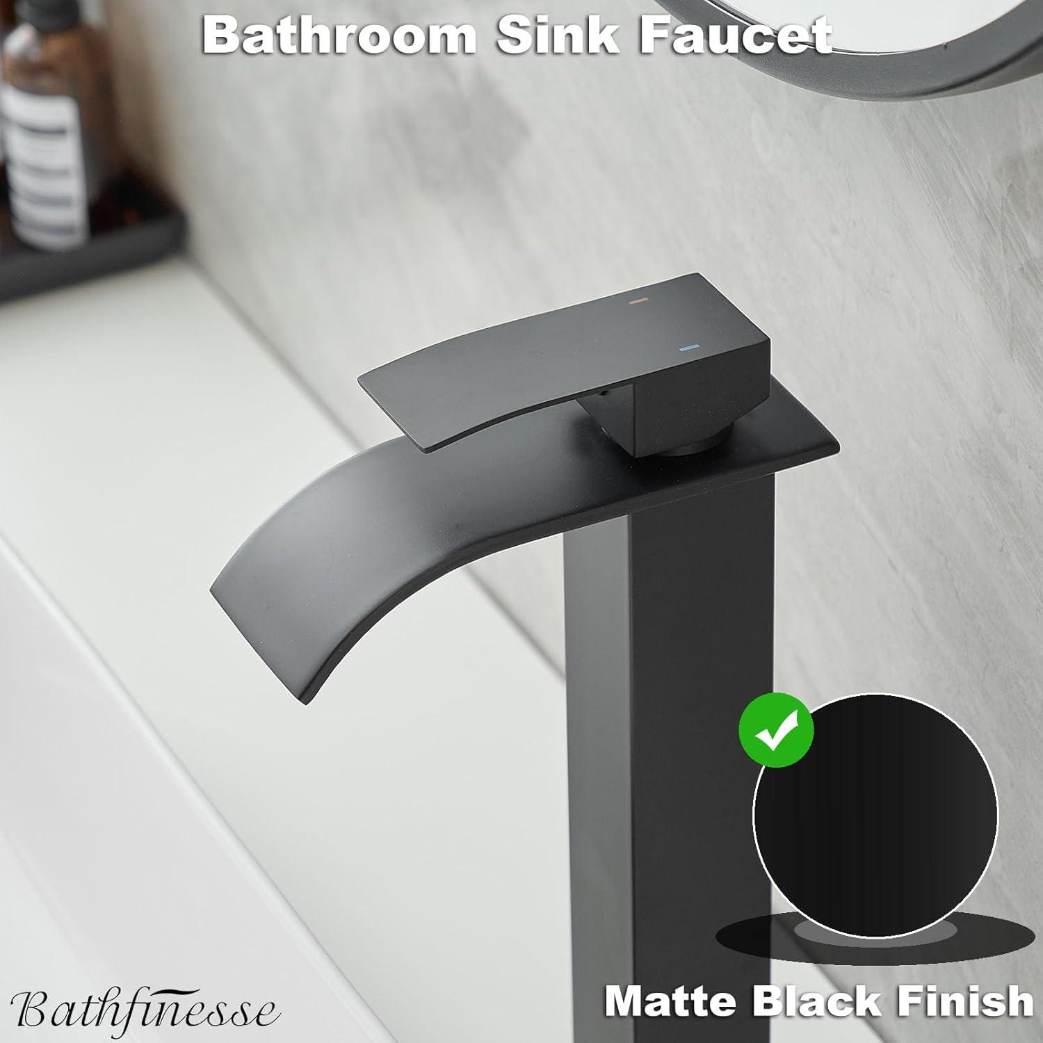 Waterfall Bathroom Faucet Single Handle，Bathroom Sink Faucet 1 Hole，Waterfall Faucet for Bathroom Sink，Vessel Sink Faucet Matte Black Tall Bathroom Faucet