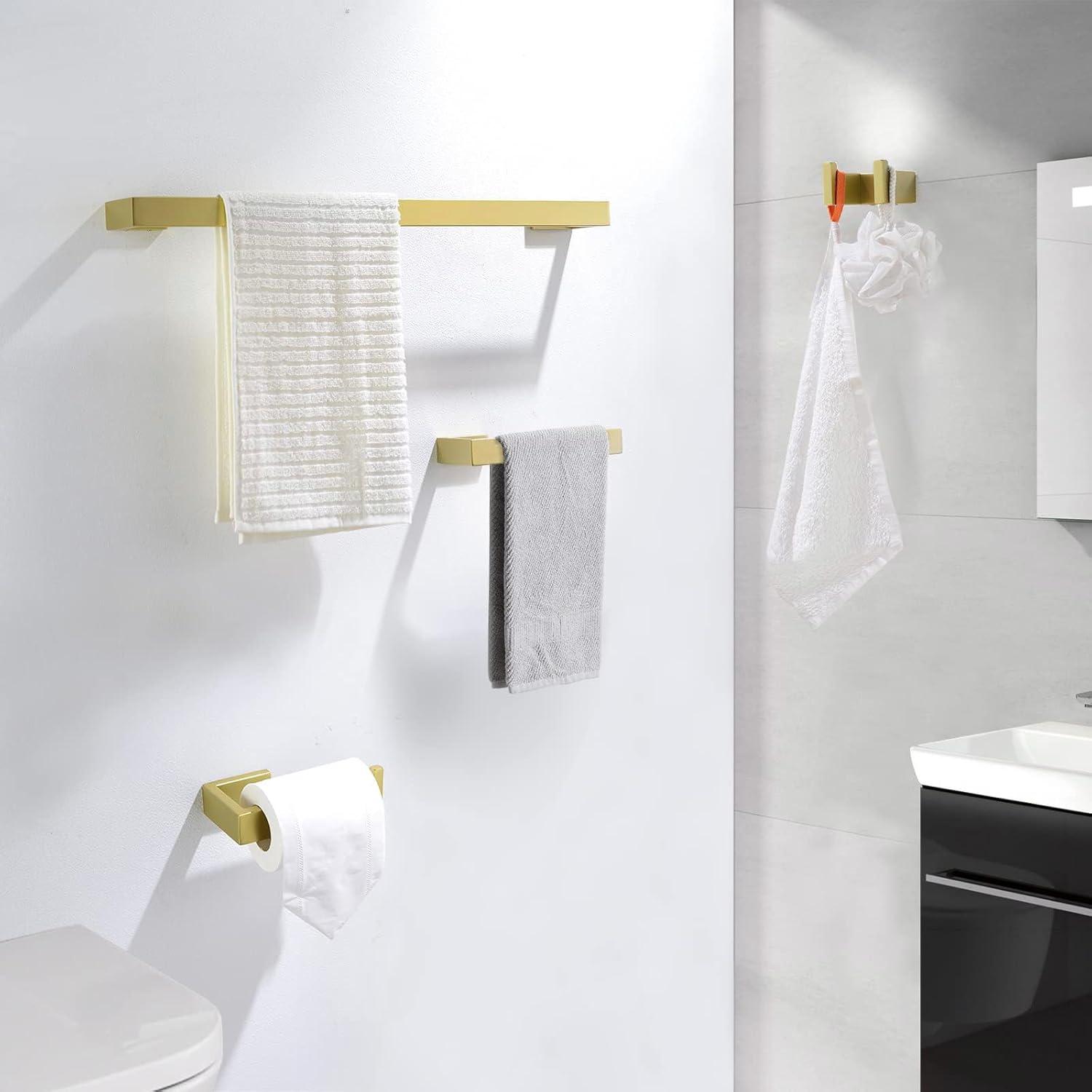 AWZTOO 4-Piece Bathroom Hardware Set Stainless Steel Towel Bar Set Towel Holder Toilet Paper Holder Robe Hook Wall Mount Accessory Set Brushed Gold