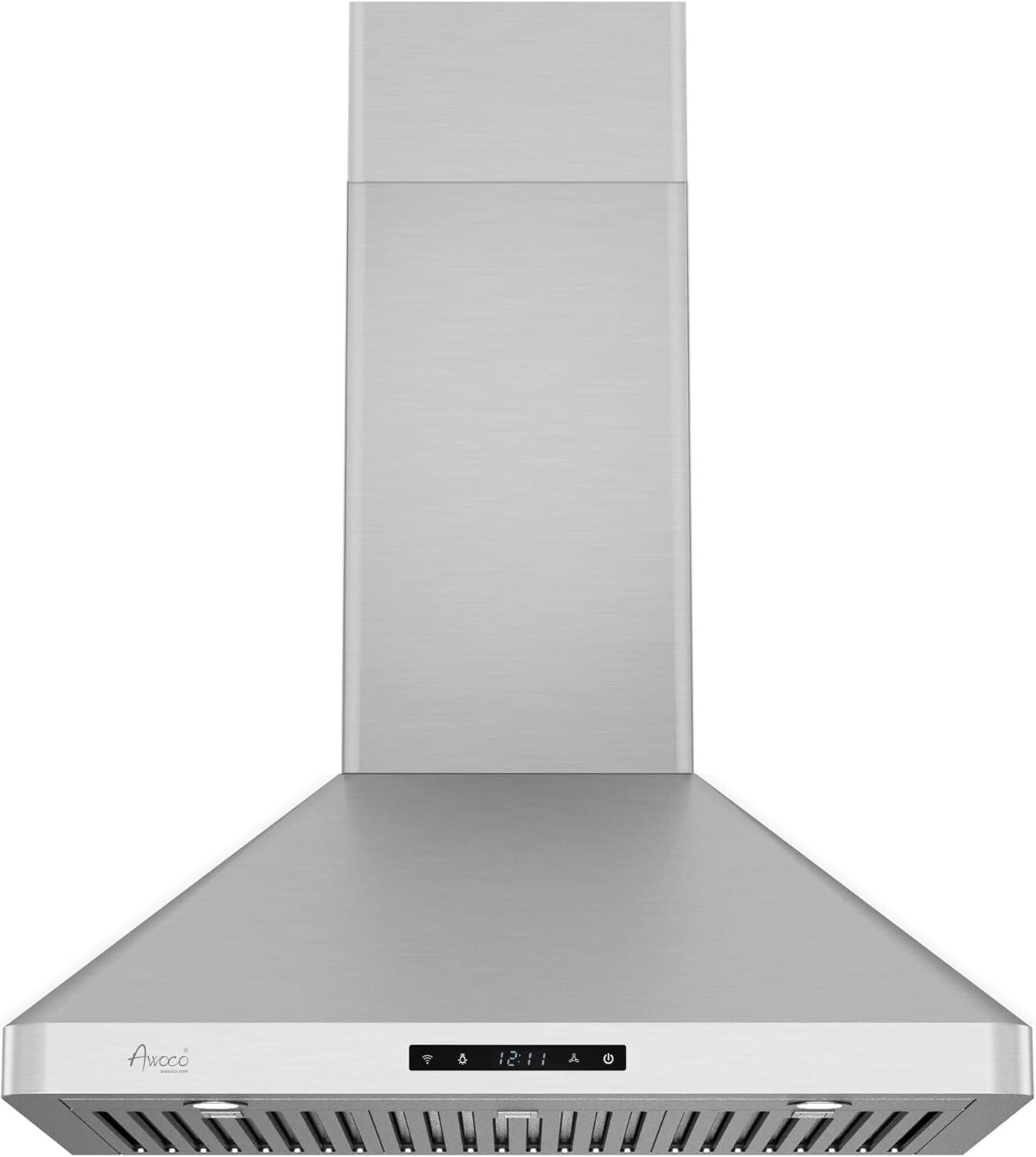 Awoco 30" Stainless Steel 800 CFM Ducted (Vented) Wall Range Hood with Baffle Filter