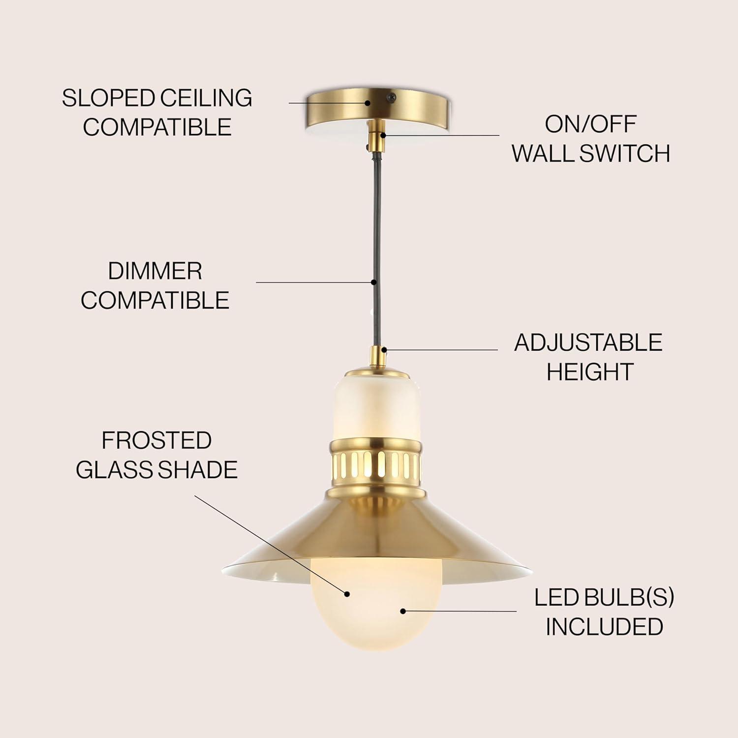 JONATHAN Y Colin 9.75" Adjustable Iron/Glass Retro Hurricane LED Pendant, Brass Gold
