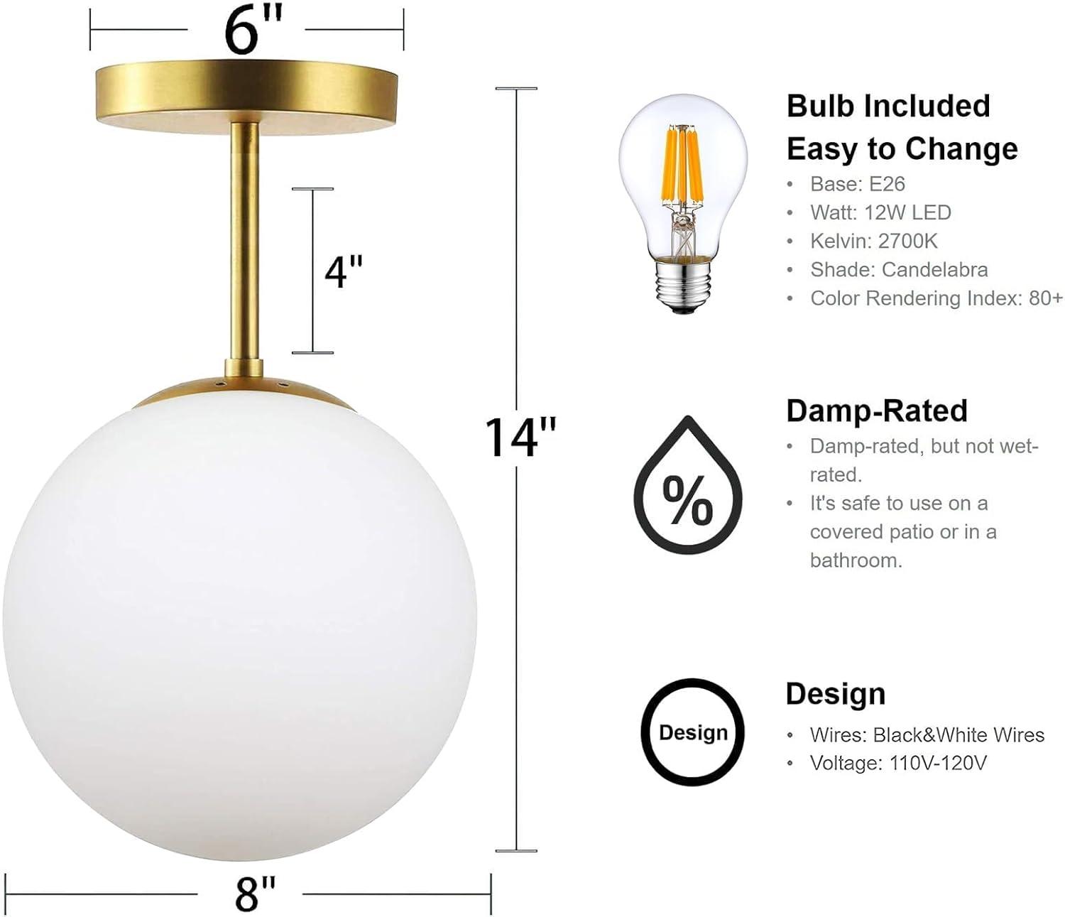 Mid Century Modern Globe Semi Flush Mount Ceiling Light Fixture Frosted Glass with Gold Brass Finish,1-Light Sphere Glass Pendant Lights for Aisle Porch Stairway Closet Kitchen Laundry Room(Bulb Incl)