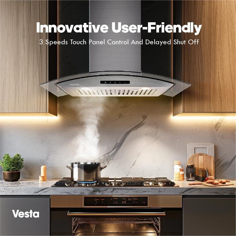 Vesta 30'' Stainless Steel Wall Mount Range Hood with Glass Canopy