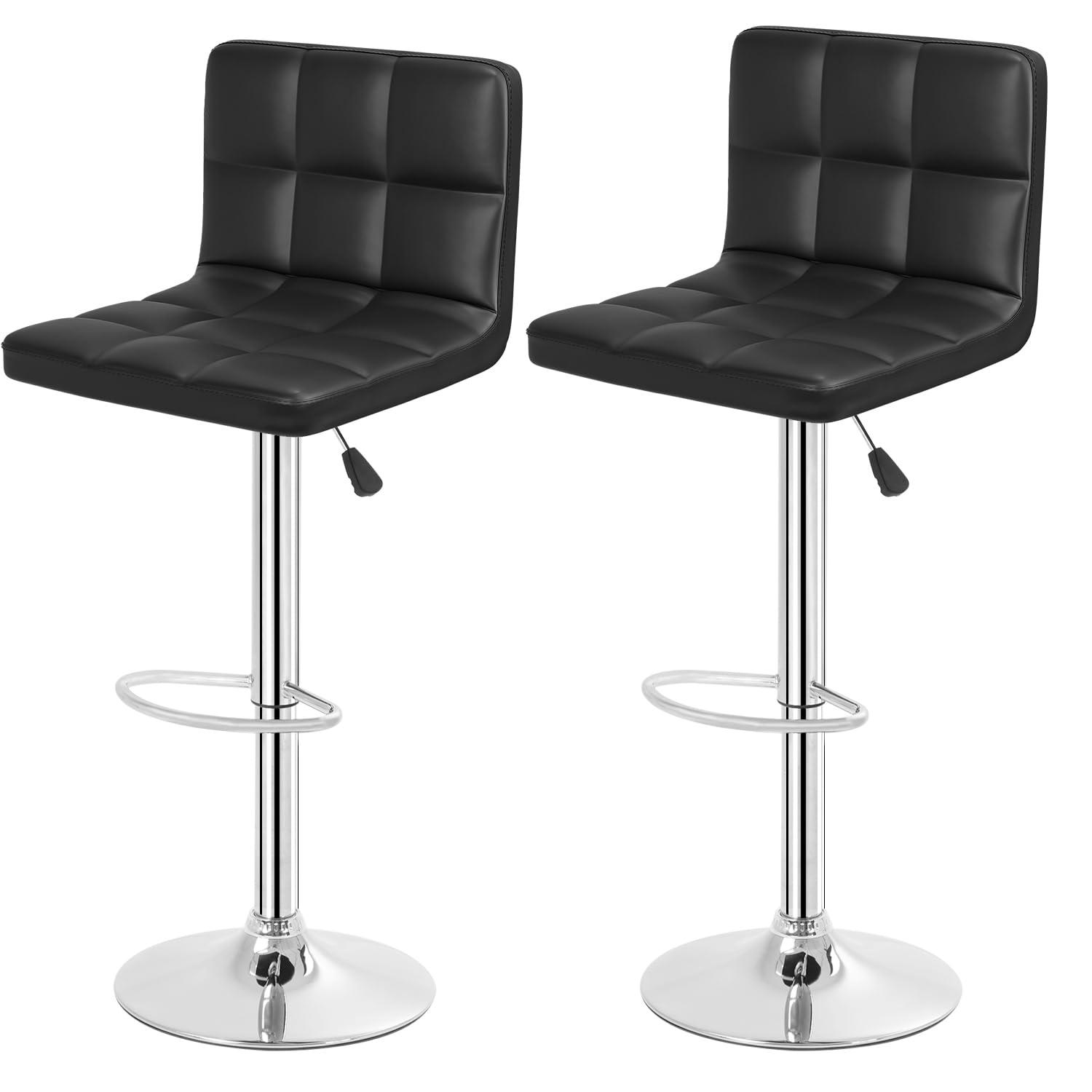 FDW Bar Stool Height Adjustable Swivel Stool with Back PU Leather Kitchen Counter Stools Set of 2 Dining Chairs, Black