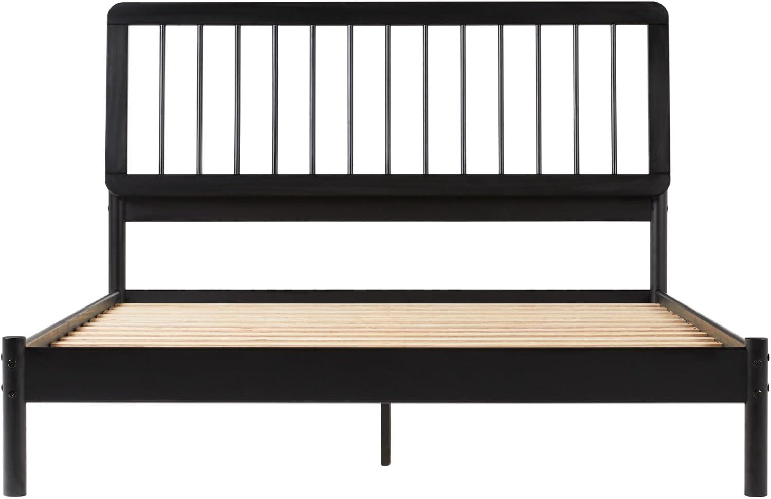 Walker Edison Mid-Century Modern Slatted Solid Wood Queen Bedframe, Black