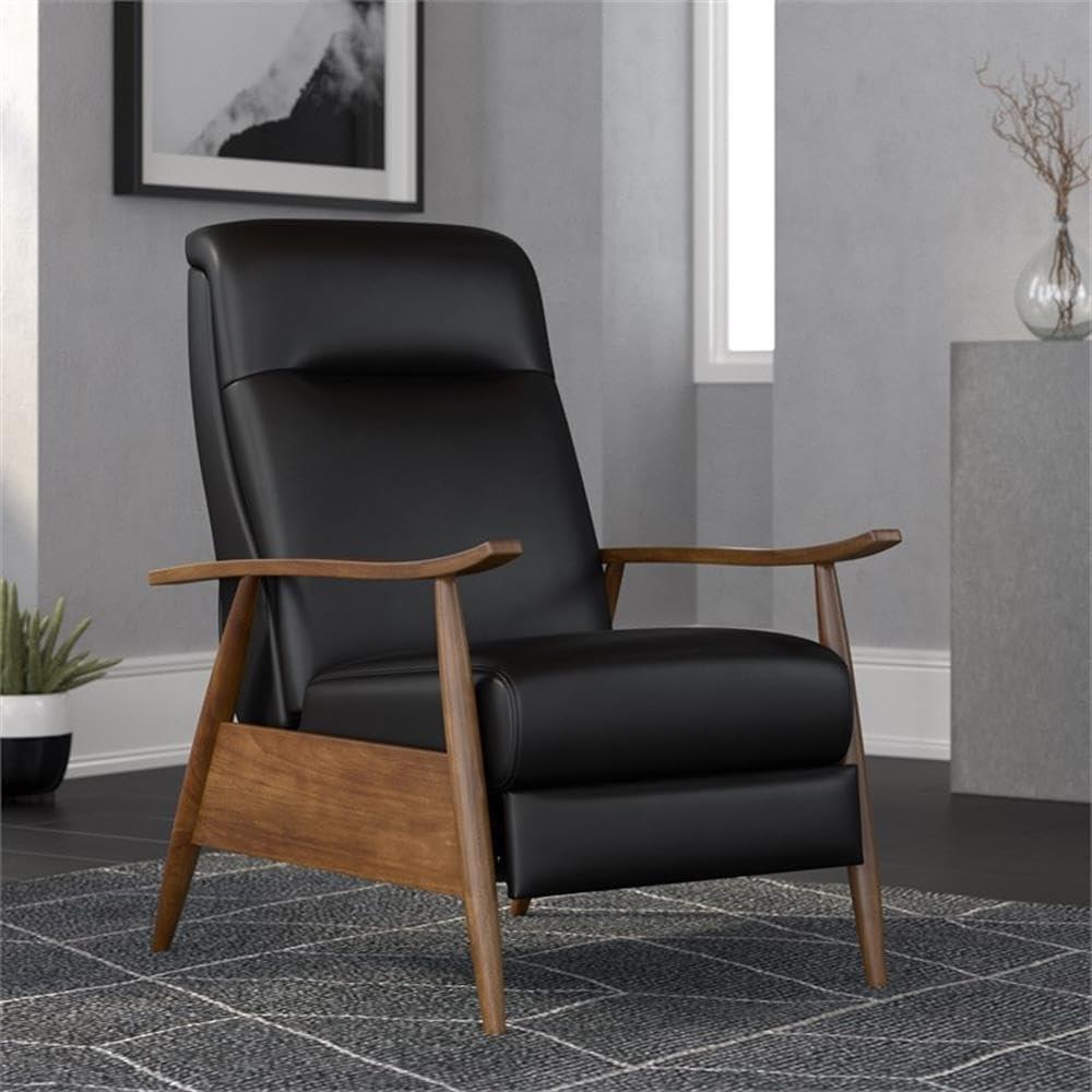 Solaris Black Faux Leather Wooden Arm Push Back Recliner Chair