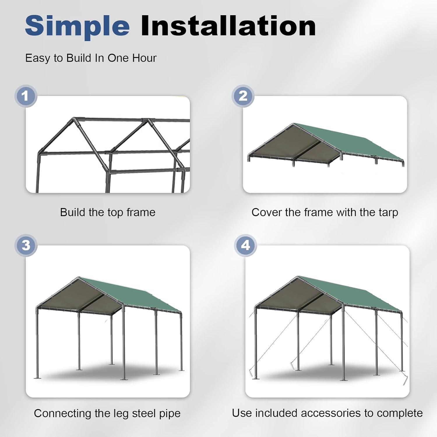Outdoor Heavy Duty Carport 10 X 20 Ft, Car Canopy Tent with Reinforced Steel Cables (Green)
