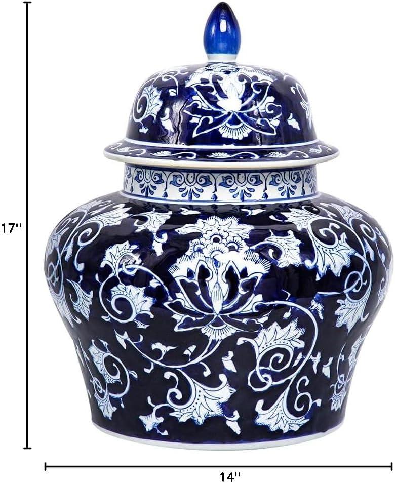 Blue and White Floral Porcelain Ginger Jar with Lid, 17 Inch