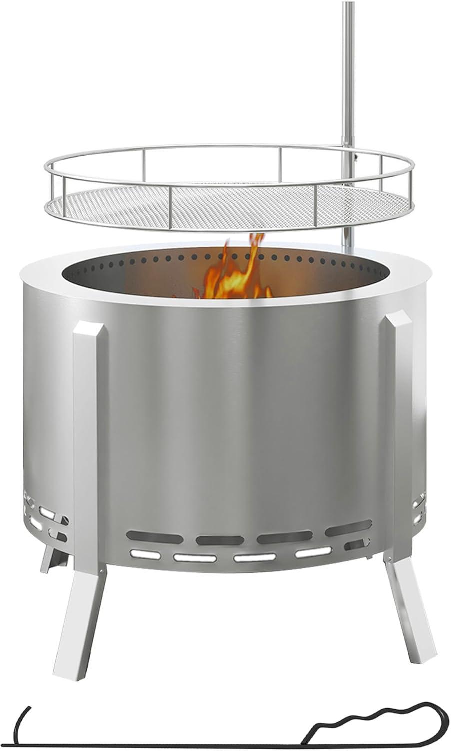 19" Stainless Steel Smokeless Fire Pit with Grill Grate