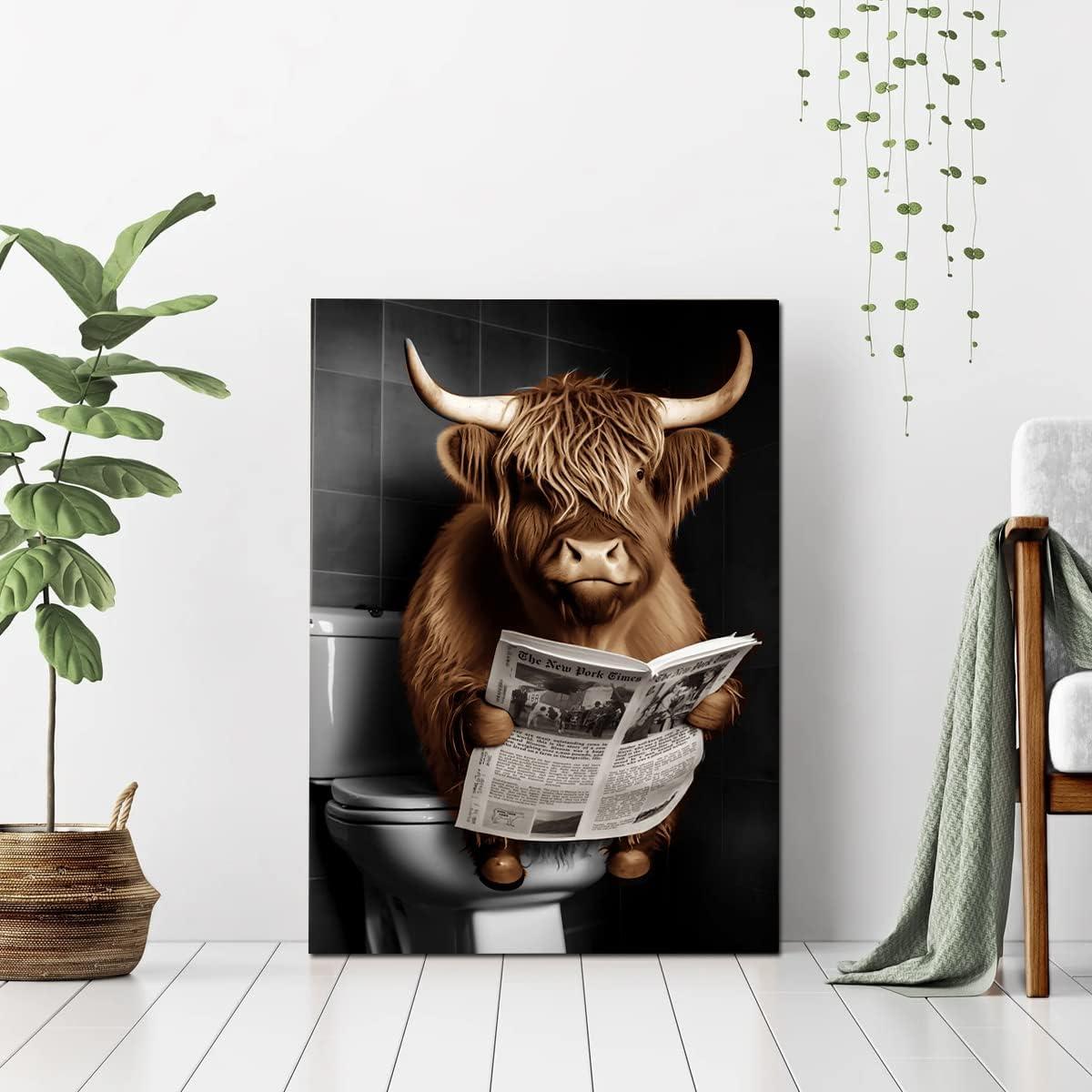 ZHONGYUTONG Funny Highland Cow Bathroom Decor Cow Sitting on Toilet Reading Newspaper Wall Art Cute Animal Poster Prints Farmhouse Toilet Canvas Artwork (12.00" x 18.00")