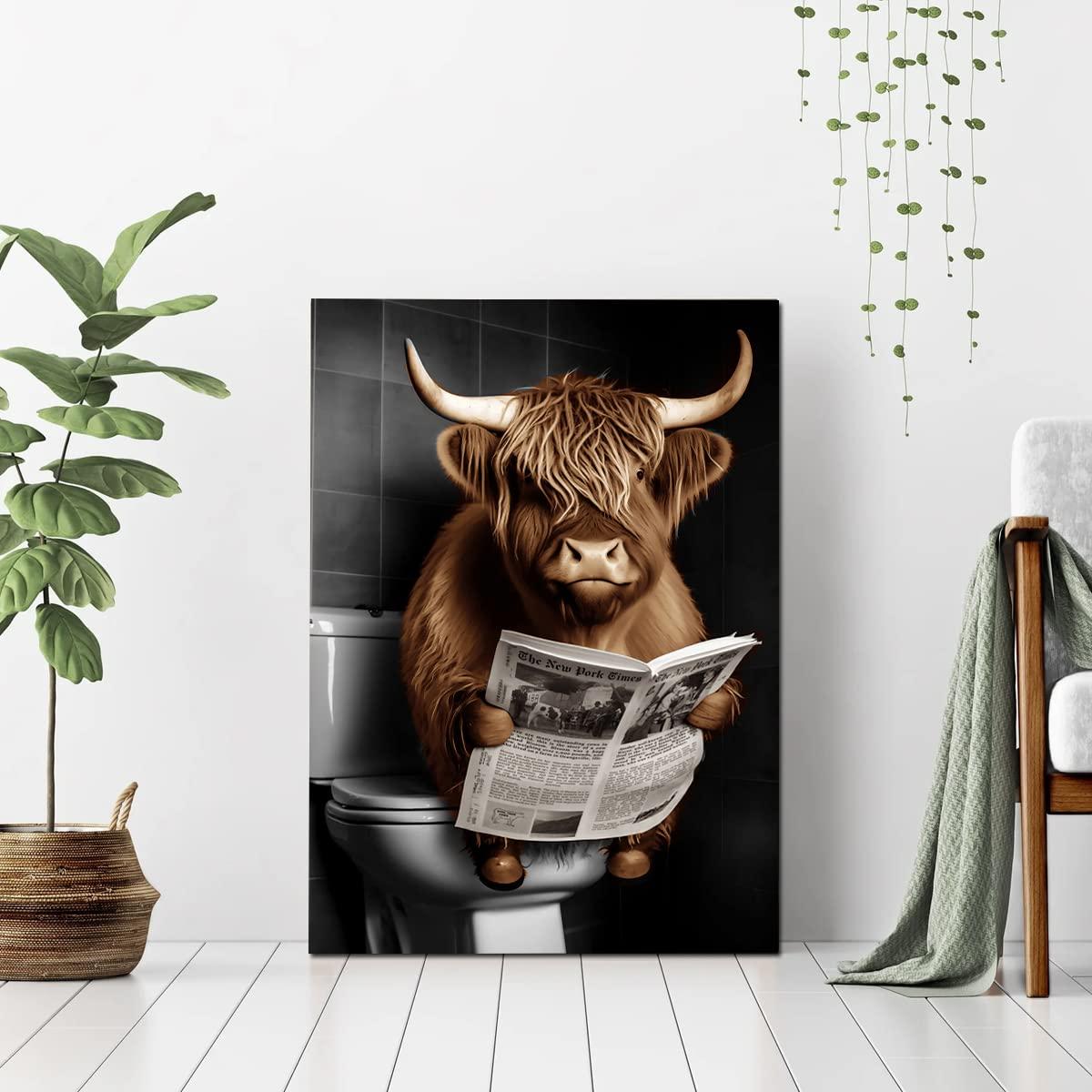 ZHONGYUTONG Funny Highland Cow Bathroom Decor Cow Sitting on Toilet Reading Newspaper Wall Art Cute Animal Poster Prints Farmhouse Toilet Canvas Artwork (12.00" x 18.00")