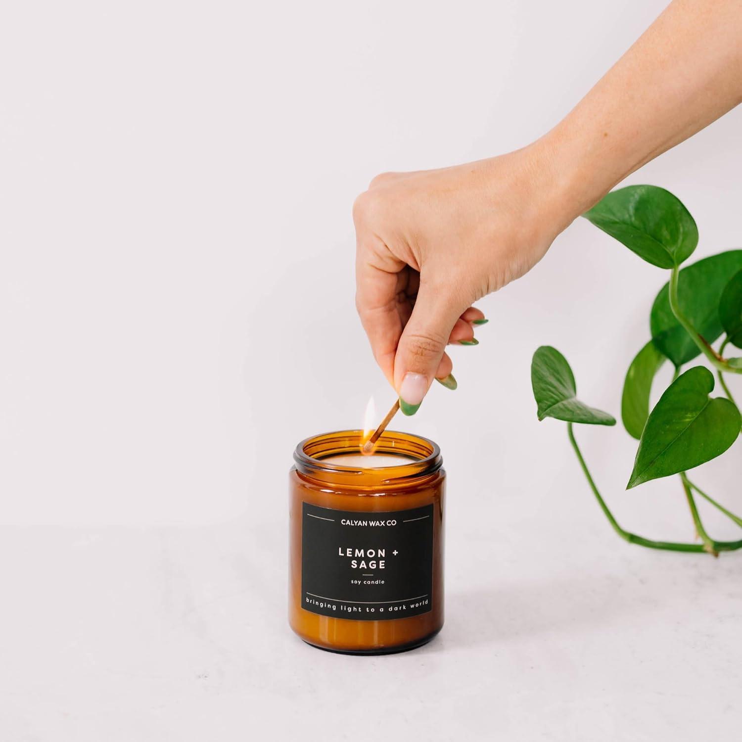 Calyan Wax Co. Soy Wax Candle, Lavender + Bergamot Scented Candle, 57 Hour Burn Time, Aromatherapy Soy Candles, Non Toxic & Vegan Soy Wax, Amber Glass Jar Scented Candles, 7.2oz
