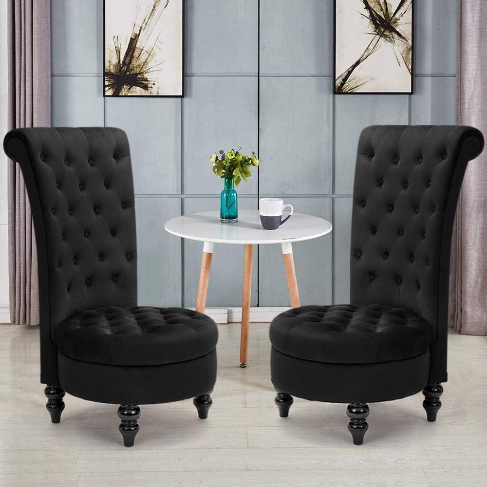 BELLEZE Throne Royal Chair Set of 2, Button-Tufted Accent Chair, Upholstered Velvet Chair, Low Back Armless Chair with Thick Padding and Rubberwood Legs - Malik (Black)