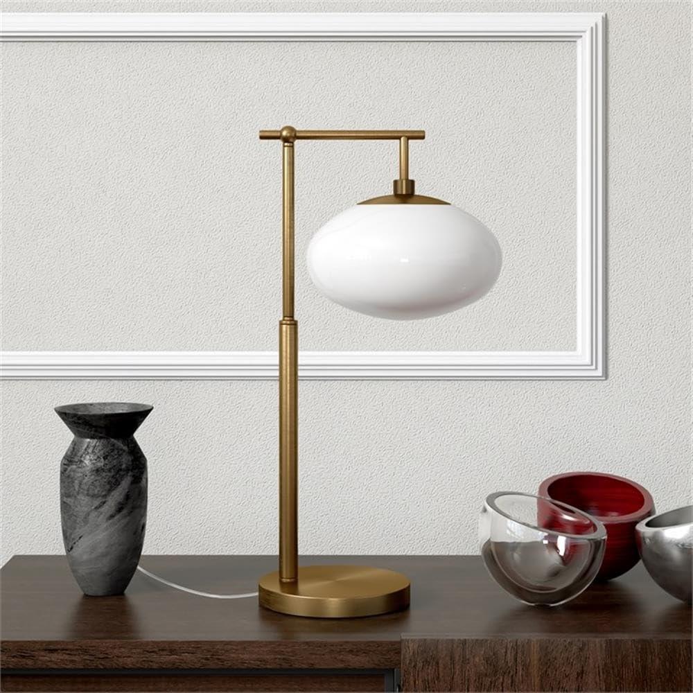 Evelyn&Zoe Blume 25" Tall Arc Table Lamp with Glass Shade in Brushed Brass/Seeded