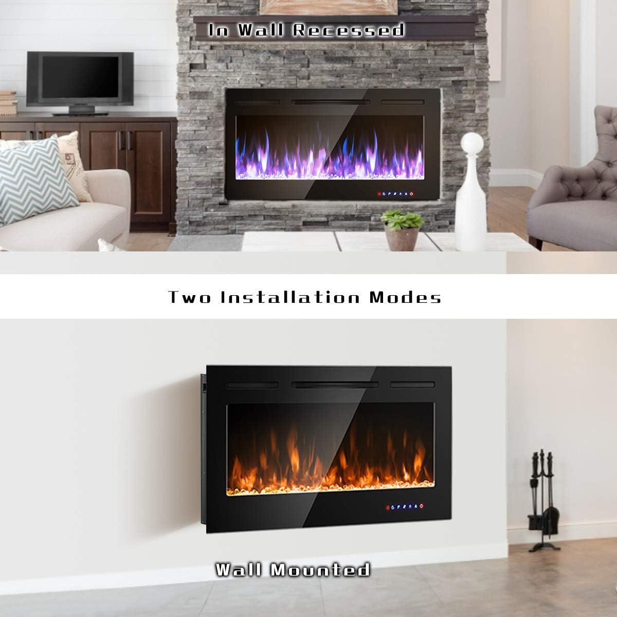 Tangkula 36"/40"/50" Recessed Electric Fireplace Wall Mounted Heater w/Remote Control 750W/1500W mode Adjustable Flame