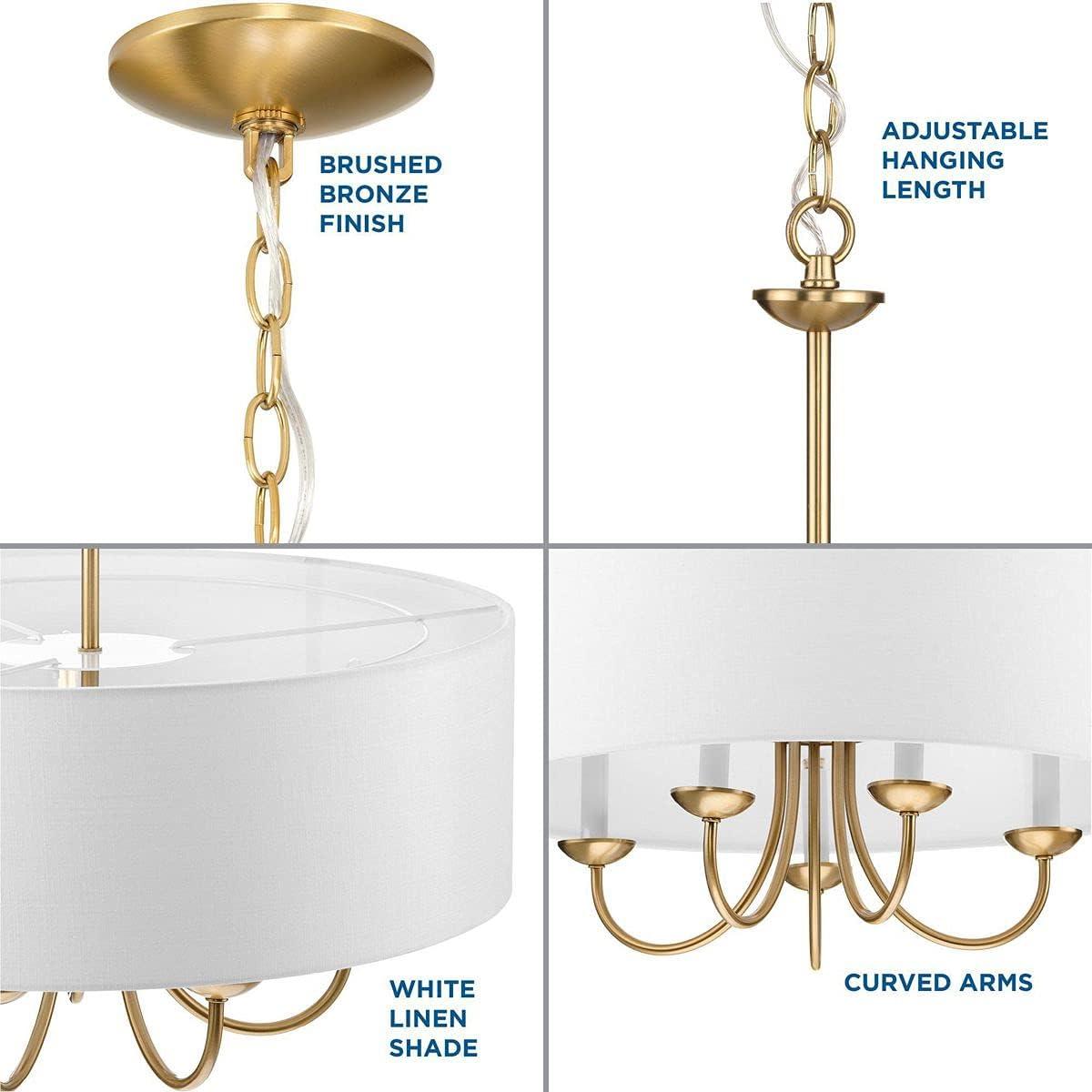 Progress Lighting, Drum Shade Collection, 5-Light Chandelier, Brushed Bronze, White Textured Fabric Shade, Material: Steel