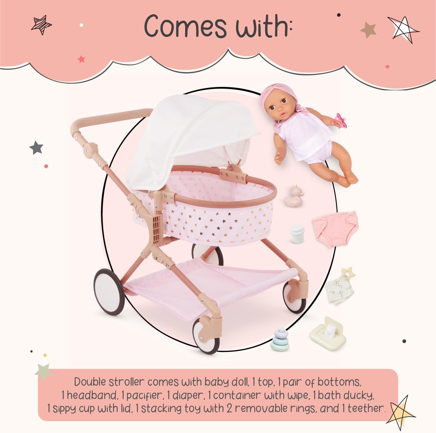 LullaBaby 14" Baby Doll & Double Stroller Accessory Set - Pink & Golden Stars