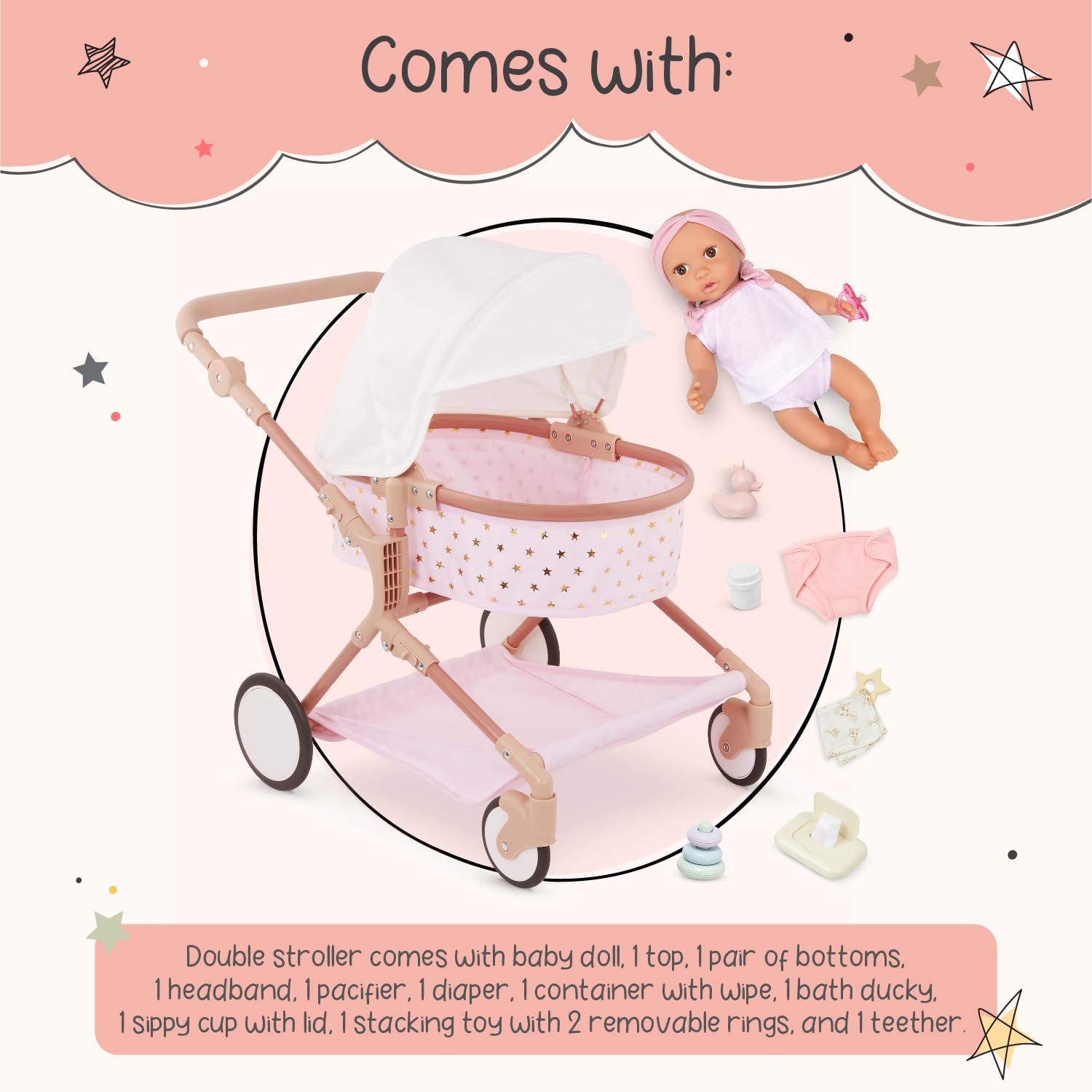 LullaBaby 14" Baby Doll & Double Stroller Accessory Set - Pink & Golden Stars: Toy Stroller with Canopy & Basket