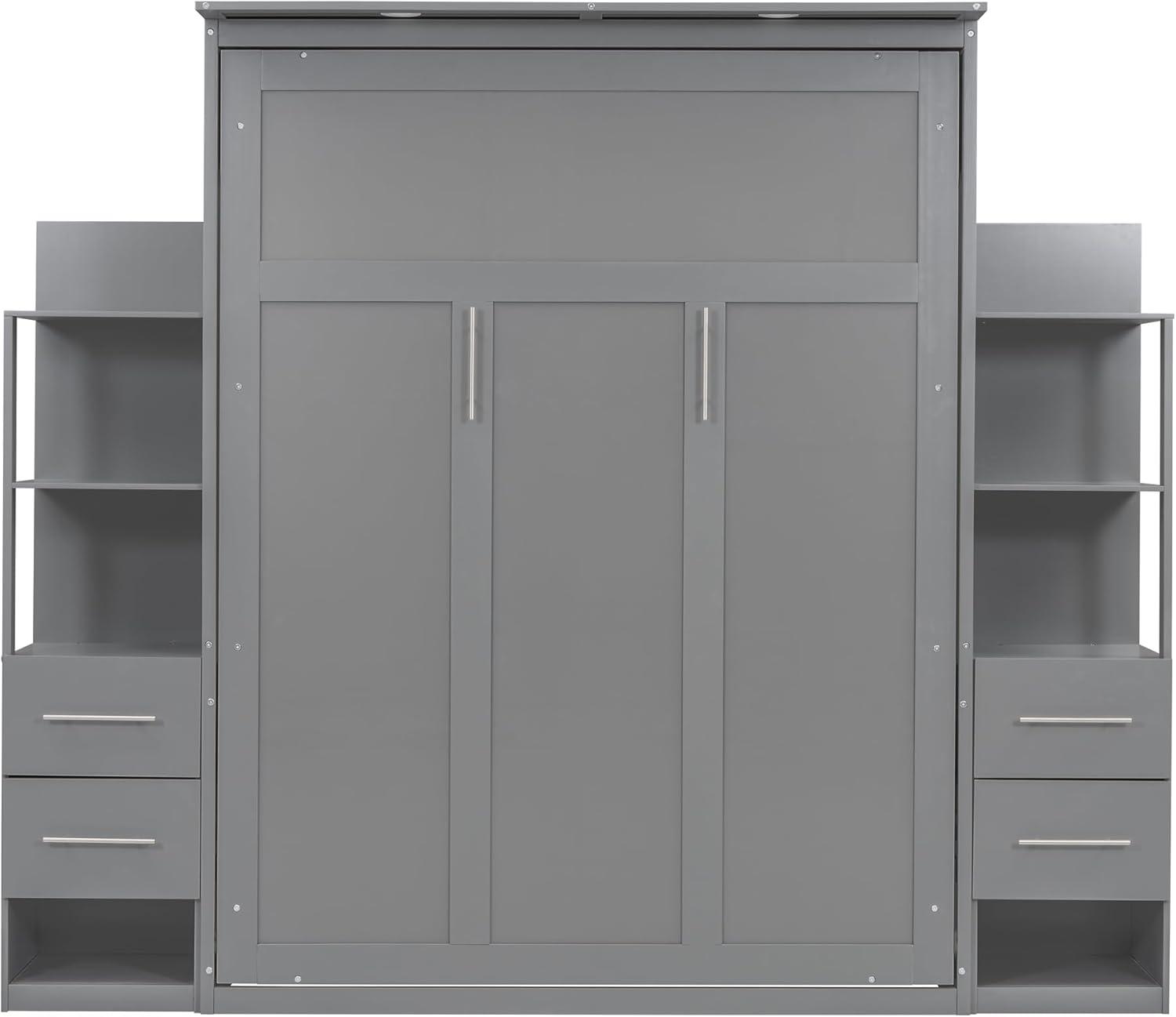 Gray Queen Size Murphy Bed with Shelves and Drawers