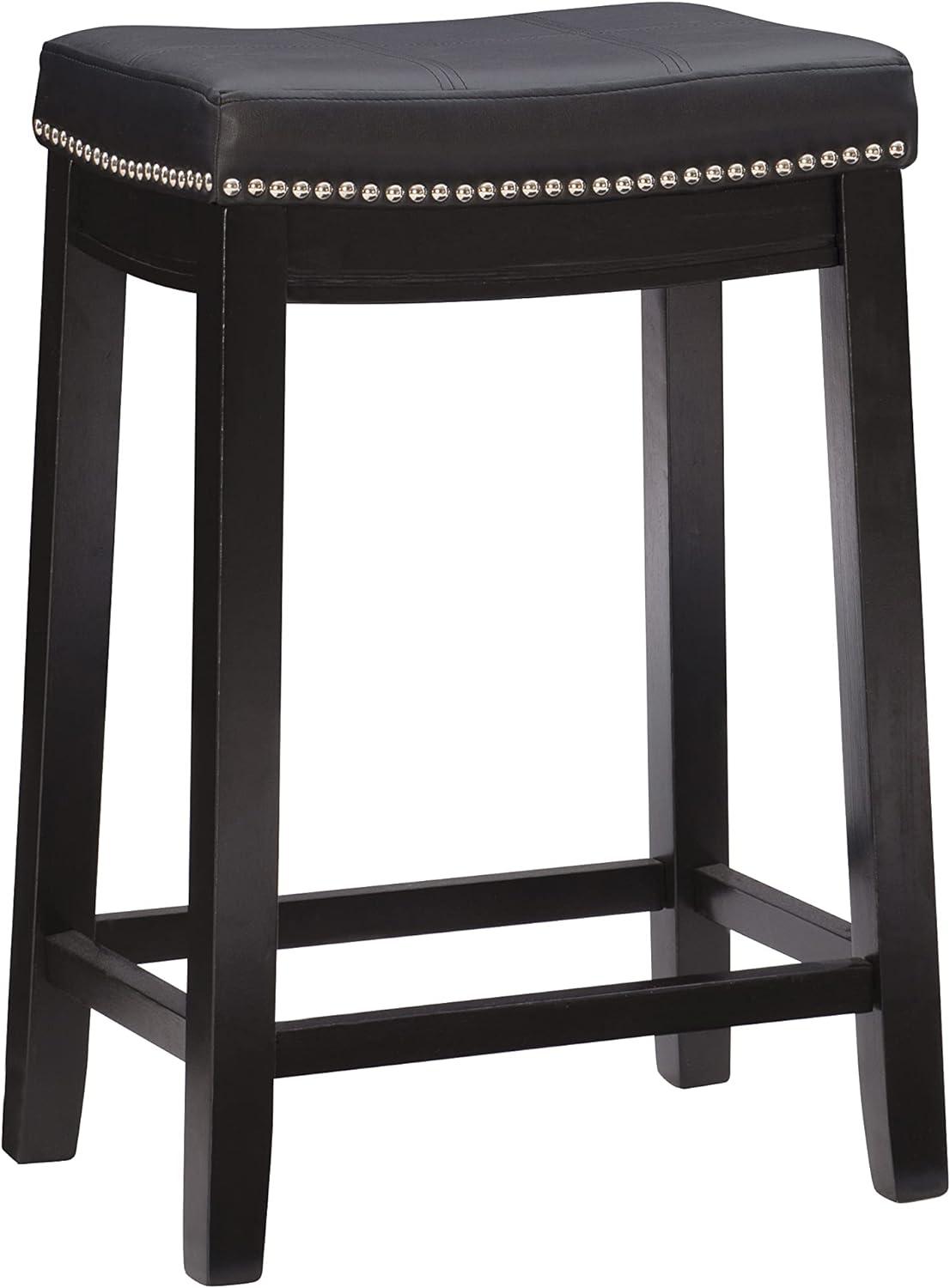 Linon Claridge Wood Backless Counter Stool Nailhead Trim Faux Leather in Black