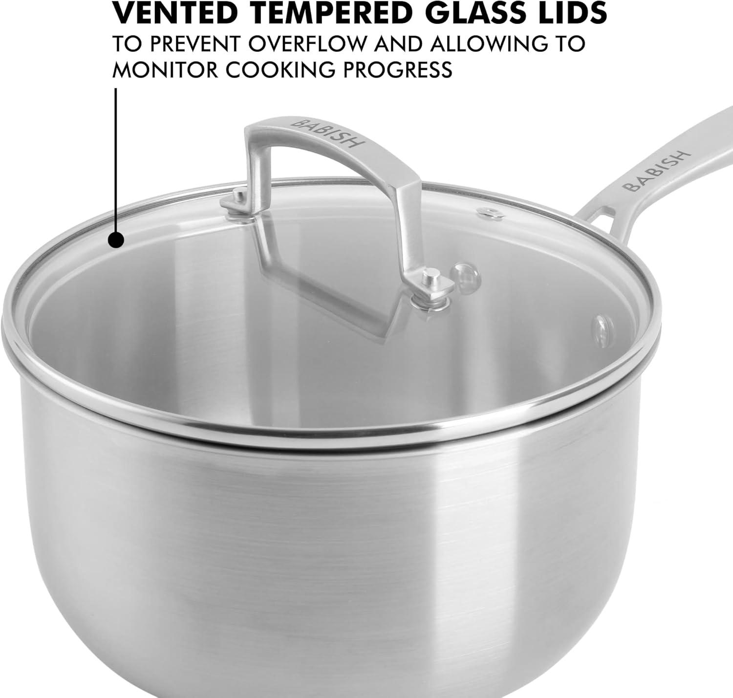 Babish 3.5-Quart Stainless Steel Non-Stick Saucier with Glass Lid