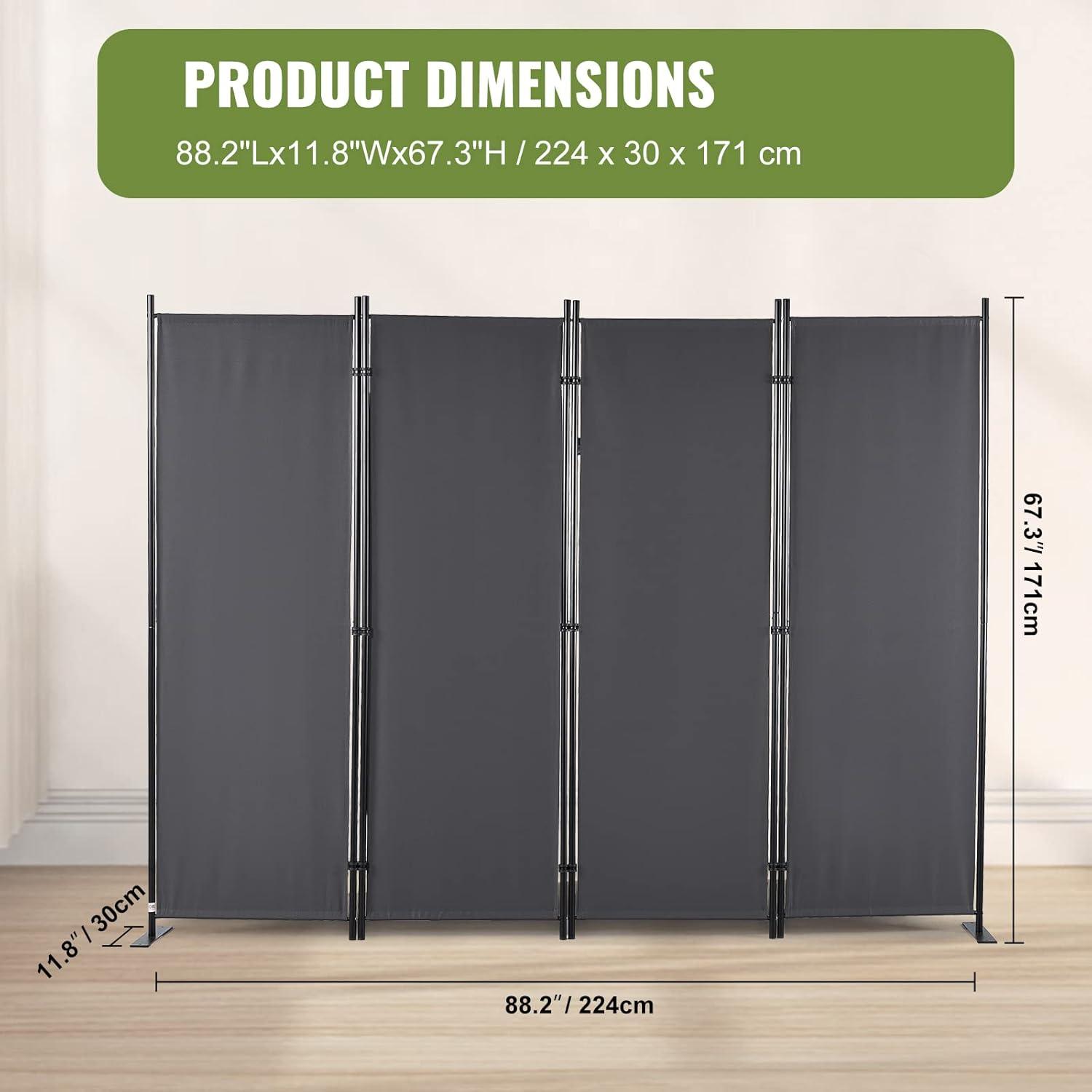 Gray 4-Panel Folding Room Divider with Metal Frame