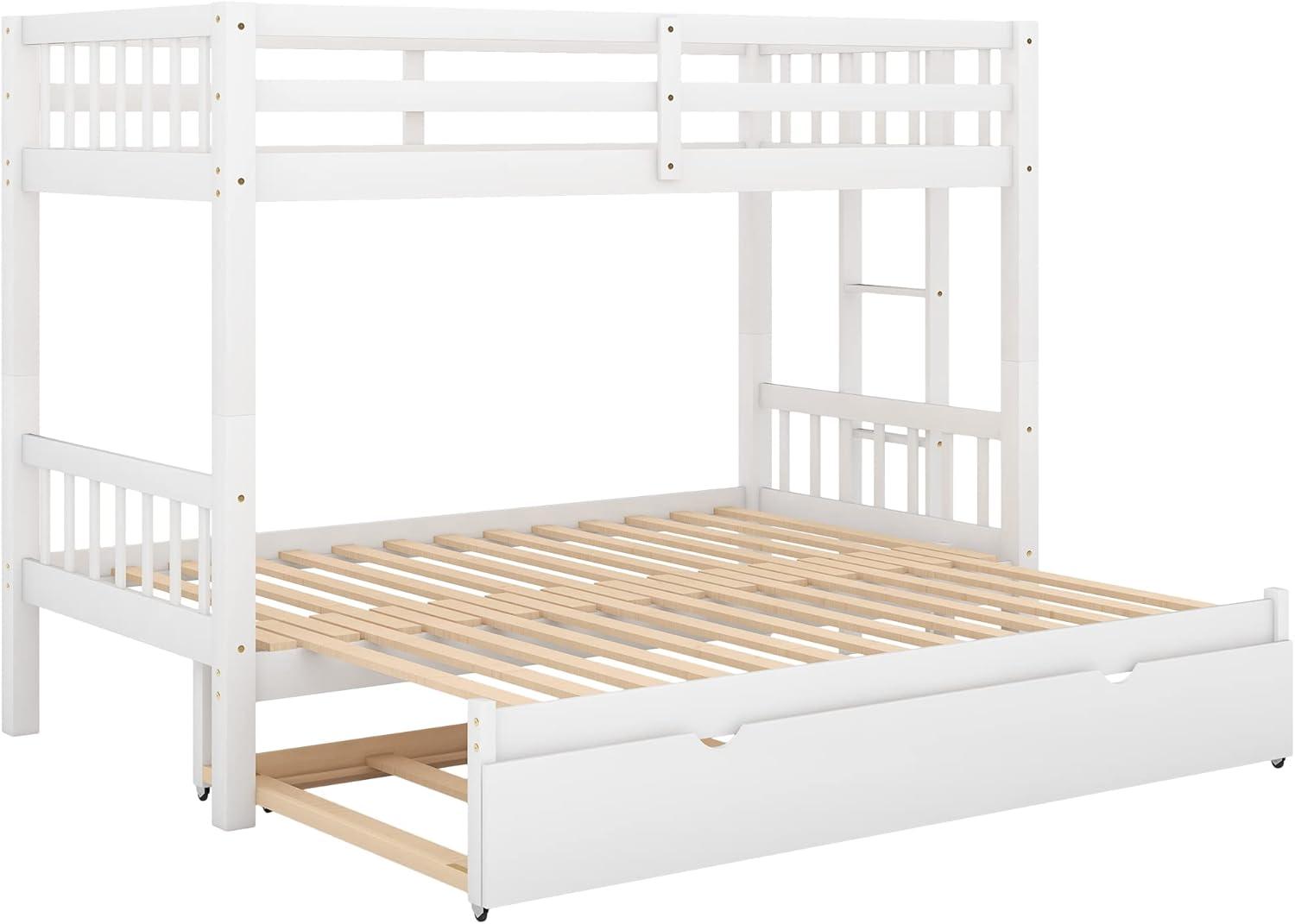 DreamBuck, Twin over Pull-out Bunk Bed with Trundle, Solid Wood Twin Over Twin/King Bunk Bed, Extendable Bunk Beds with Ladder and Safety Rail, Thicken Wooden Bunkbed, Accommodate 4 People, White