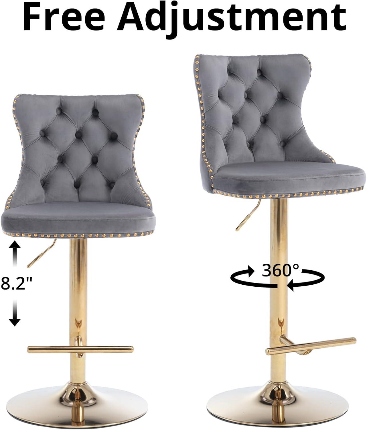 Sesslife Swivel Bar Stools Set of 2, Upholstered Thickened Velvet Fabric High Barstool with Nail Trim, Adjustable Seat Height, Counter Height Bar Chairs with Back & Footrest for Kitchen Island, Gray