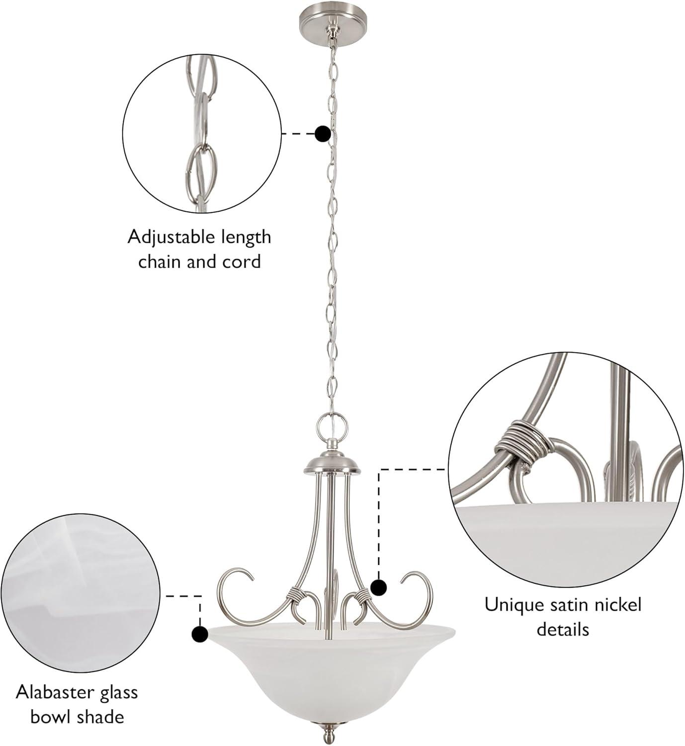 Design House Willowdale Pendant Light Fixture - Traditional Alabaster Glass Bowl Shade for Kitchens, Foyers, Dining Rooms - Adjustable Height Pendant Light Fixture - Satin Nickel, 589747