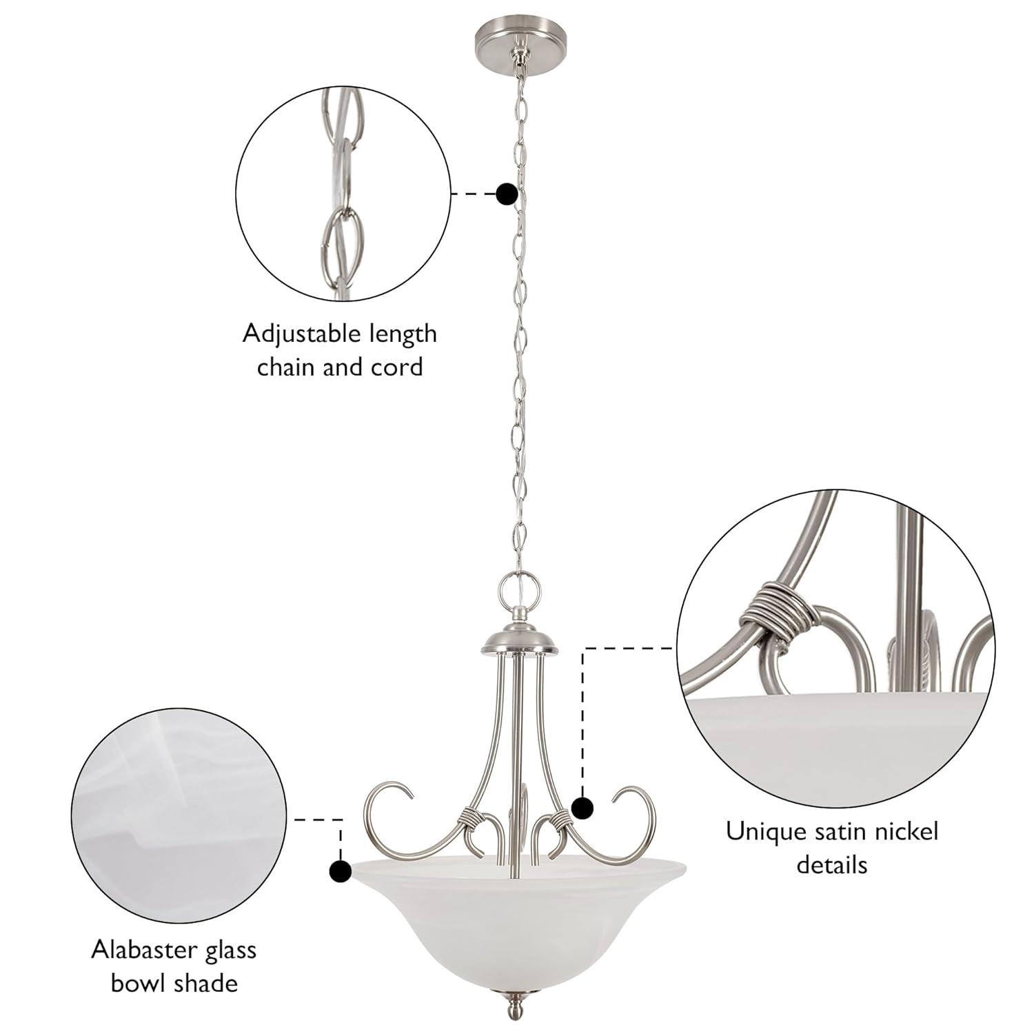 Design House Willowdale Pendant Light Fixture - Traditional Alabaster Glass Bowl Shade for Kitchens, Foyers, Dining Rooms - Adjustable Height Pendant Light Fixture - Satin Nickel, 589747