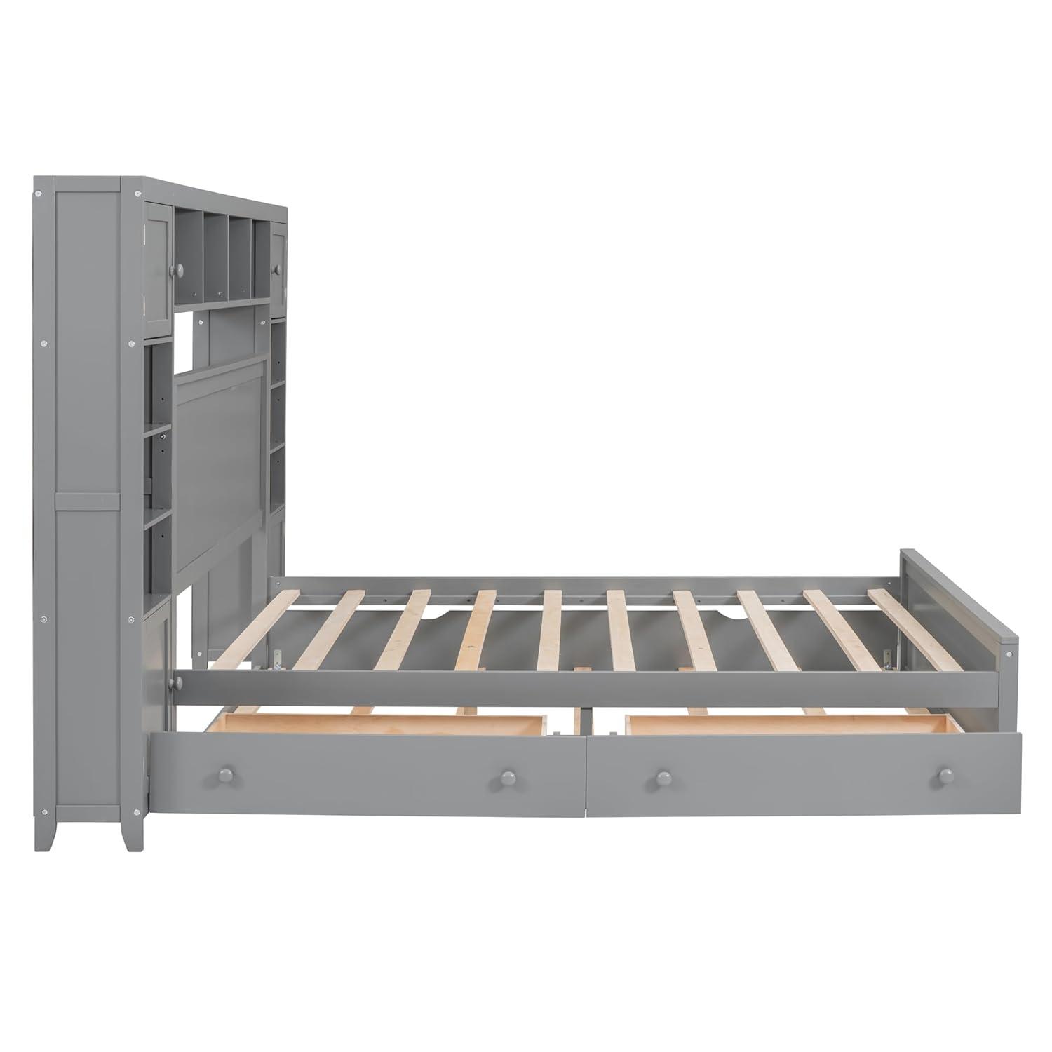 MODERNLUXE Queen Size Bed Frame with Trundle,Solid Wood Platform Bed with 10 Shelves,2 Storage Drawers,4 Cabinets,Charging Station and Bookcase Headboard,No Box Spring Needed/Noise Free,Gray