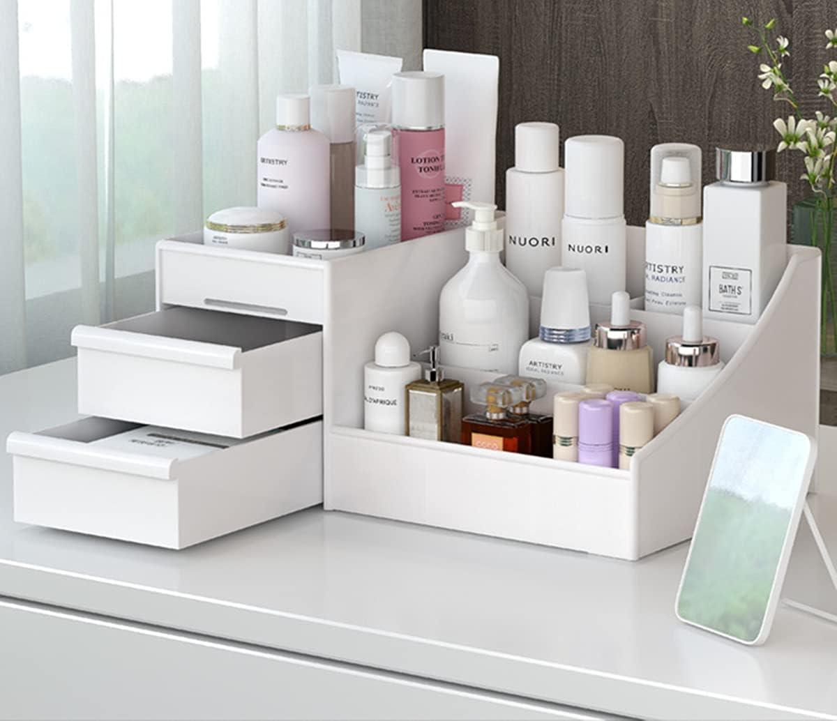 Compact White Plastic Makeup Desk Organizer with Drawers