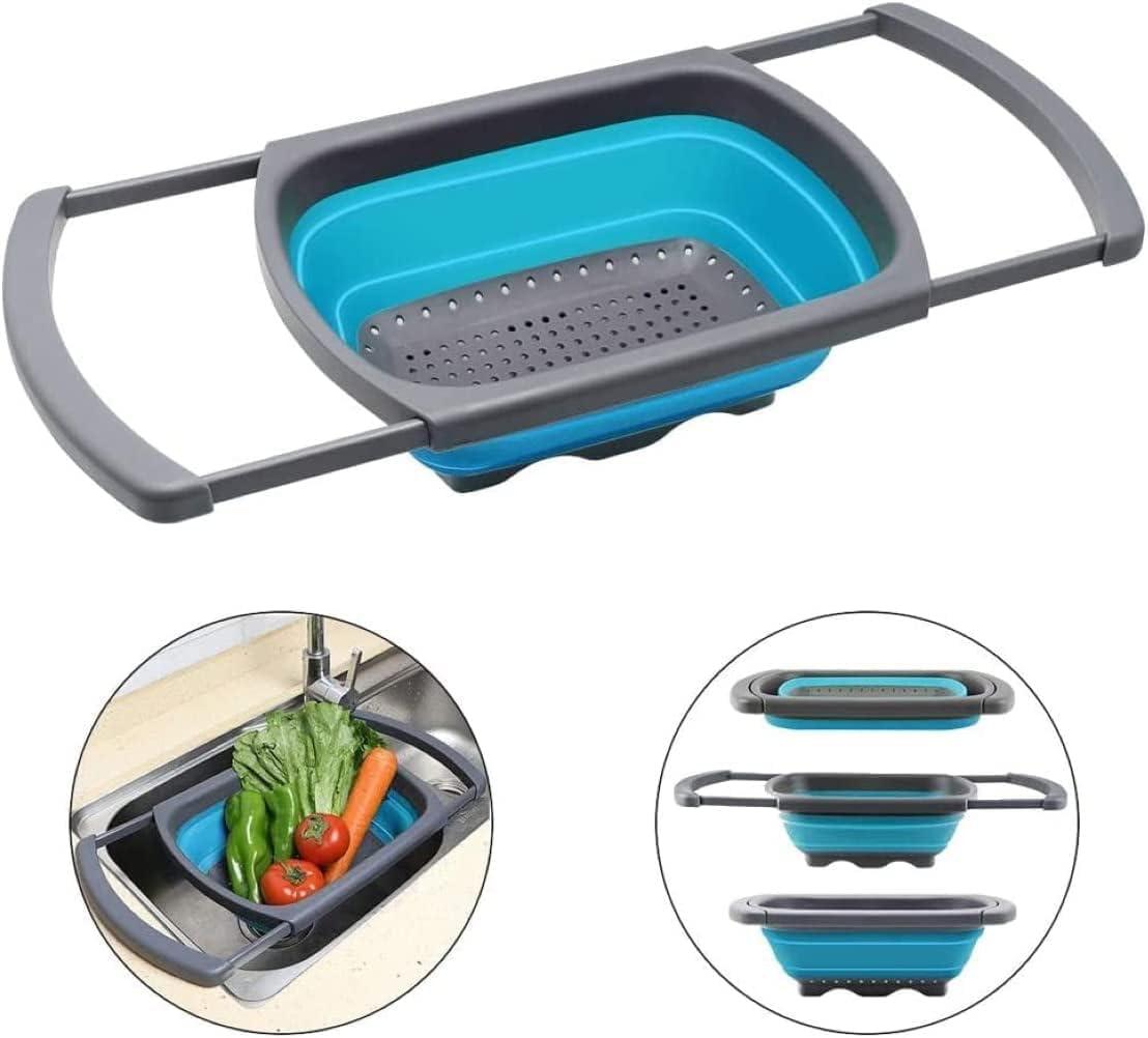 Collapsible Colander, Blue Food Strainer Over the Sink Colanders Strainers with Extendable Handles, 6-Quart, Dishwasher-Safe Kitchen Folding Strainer for Pasta, Vegetables and Fruits by Polerce