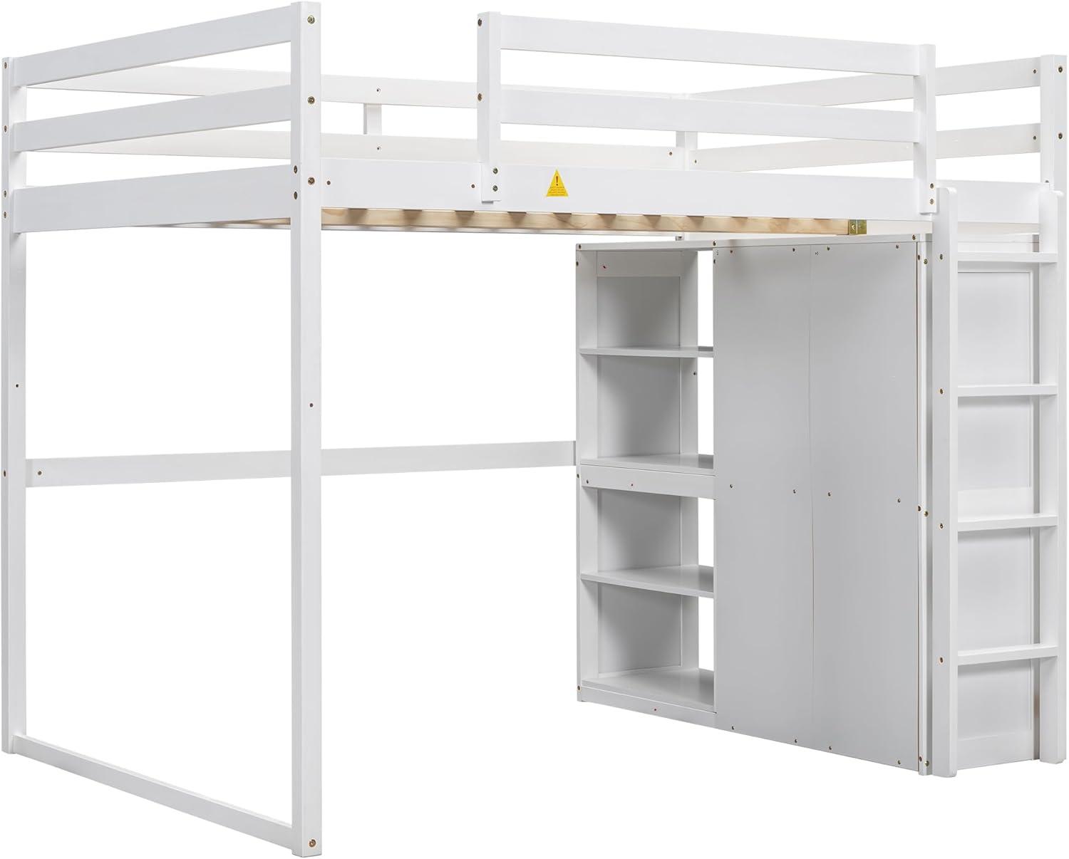 Harper & Bright Designs Full Size Loft Bed with Storage Shelves & Wardrobe, Wood Full Loft Bed Frame with LED Light for Kids Teens,Adults,Space Saving High Loft Bed,White