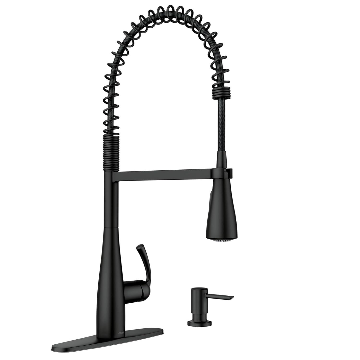 Moen Essie Pre-Rinse Spring Pull Down Single Handle Kitchen Faucet with Power Clean Technology and Soap Dispenser