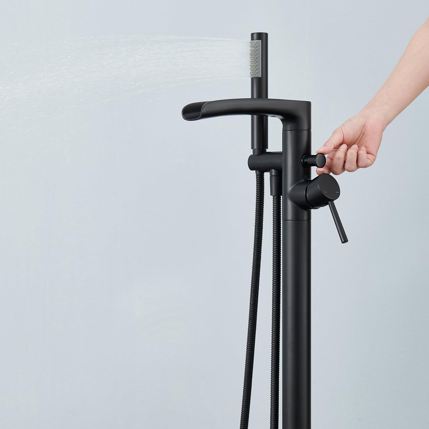 MOGFCT Waterfall Freestanding Bathtub Faucet Set Single Handle Floor Mount Tub Filler with Hand Shower ,Matte Black
