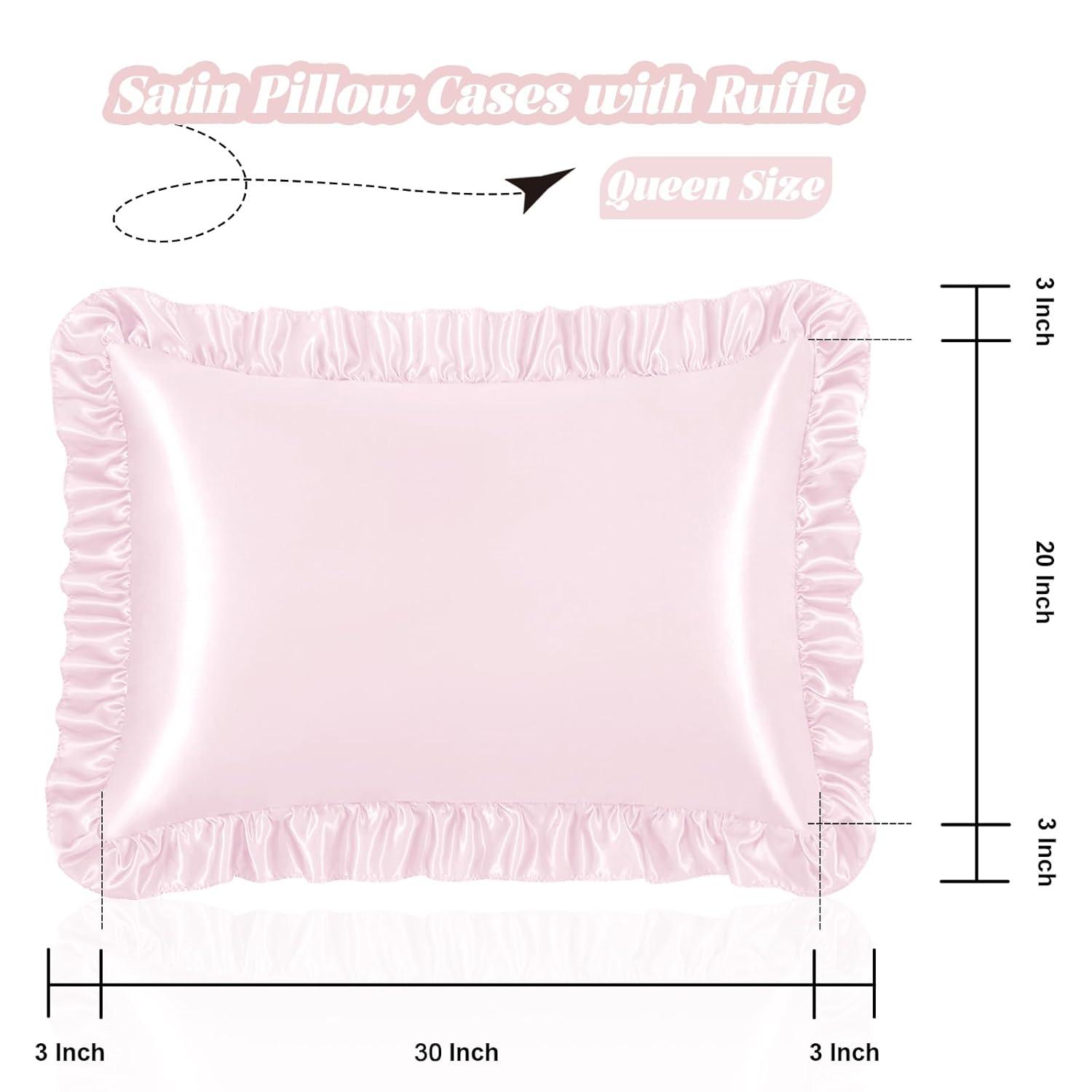 SiinvdaBZX Ruffled Queen Satin Pillowcase Set of 2, Blush Pink Silky Satin Pillow Cases for Women Ruffle Pillow Shams Covers Princess Room Decoration, with Envelope Closure