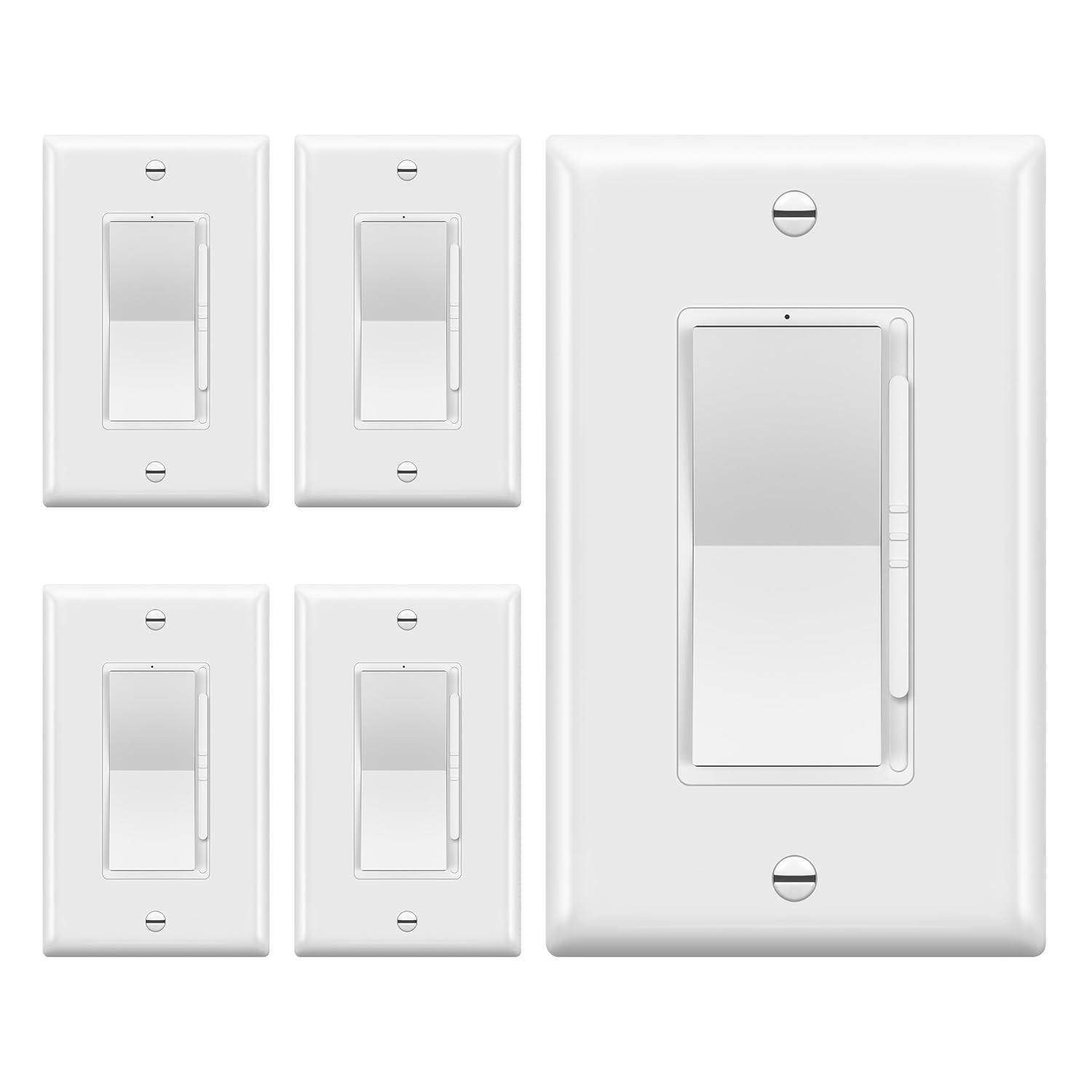 TOPGREENER Dimmer Light Switch, LED Slide Dimmer Switch,for 300W Dimmable LED/CFL Lights and 600W INC/HAL Bulbs, Single Pole/3-Way, Wall Plate Included, UL Listed, White, 5 Pack