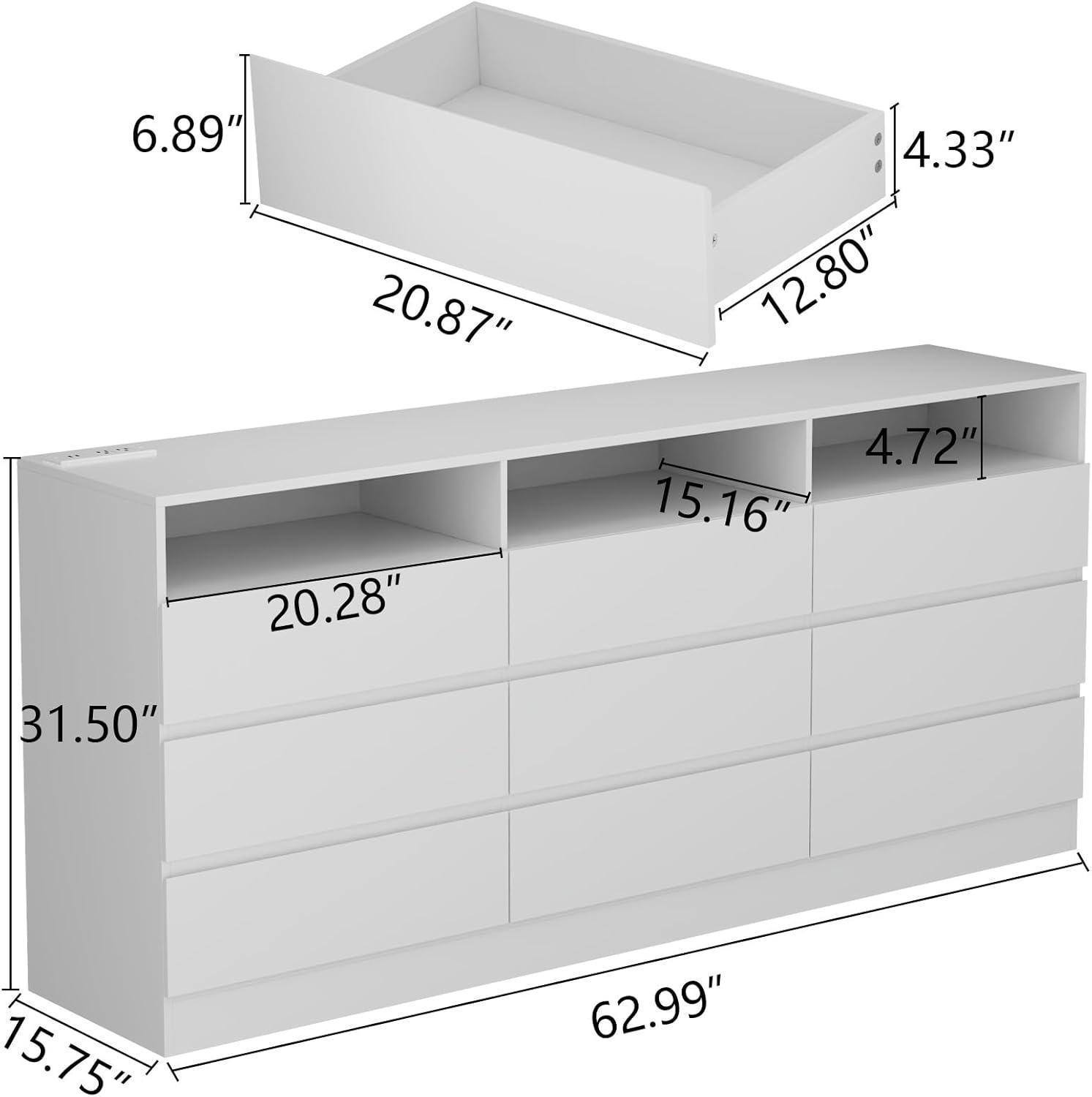 Modern White Double Dresser with LED Lights and Charging Station