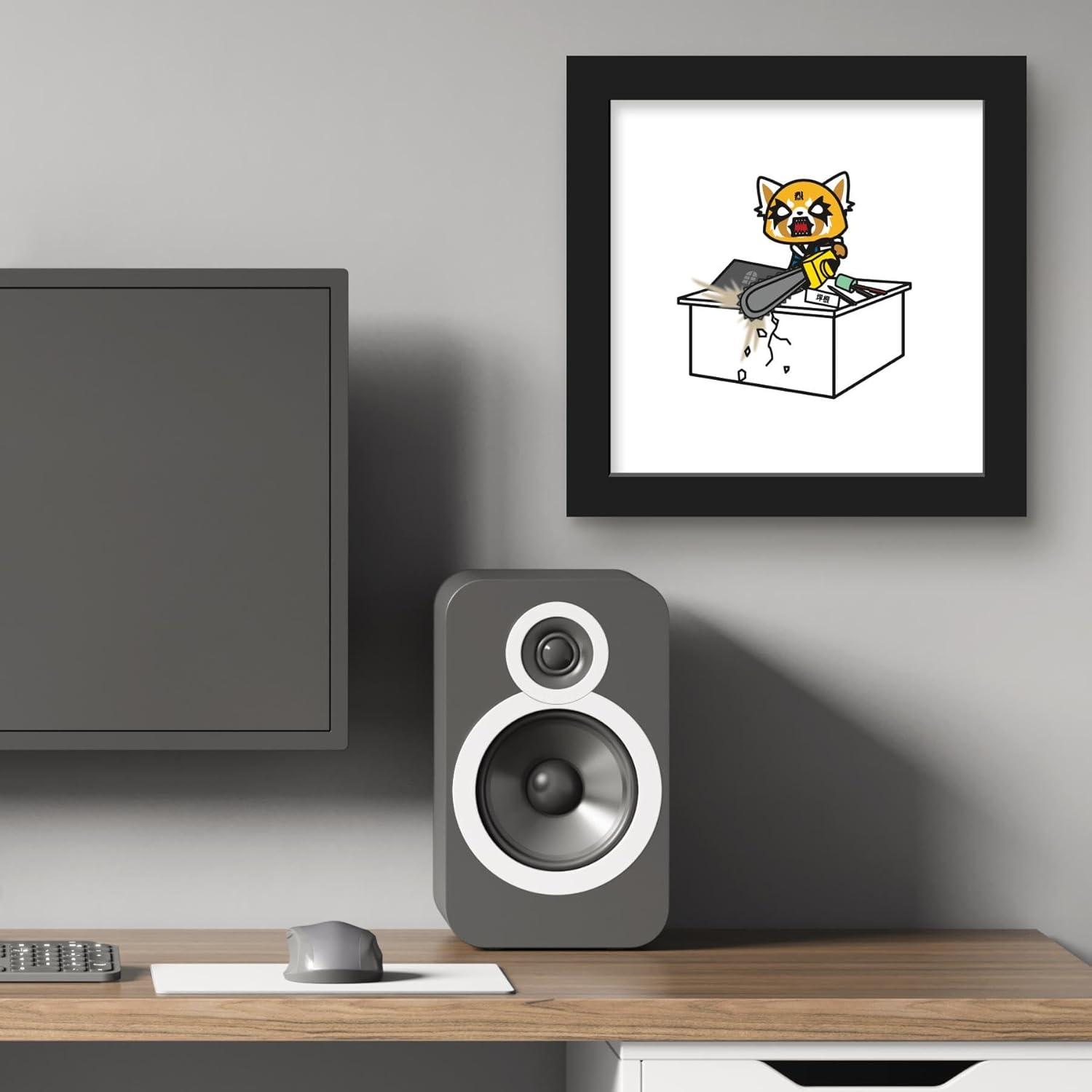 Gallery Pops Sanrio Aggretsuko - Retsuko Desk Chainsaw Wall Art, Black Framed Version, 12" x 12"