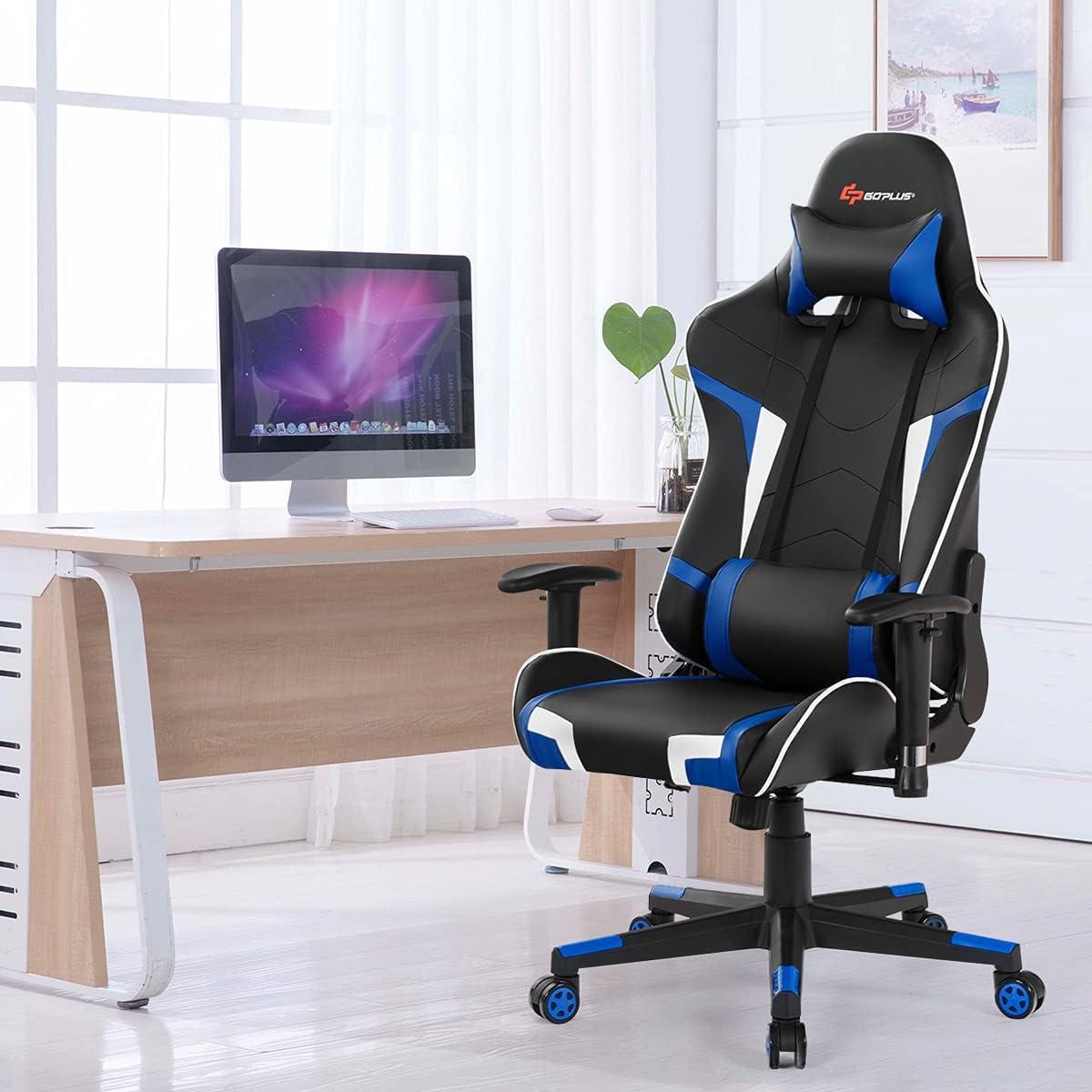 Costway Massage Gaming Chair Reclining Swivel Racing Office Chair w/Lumbar Support Blue