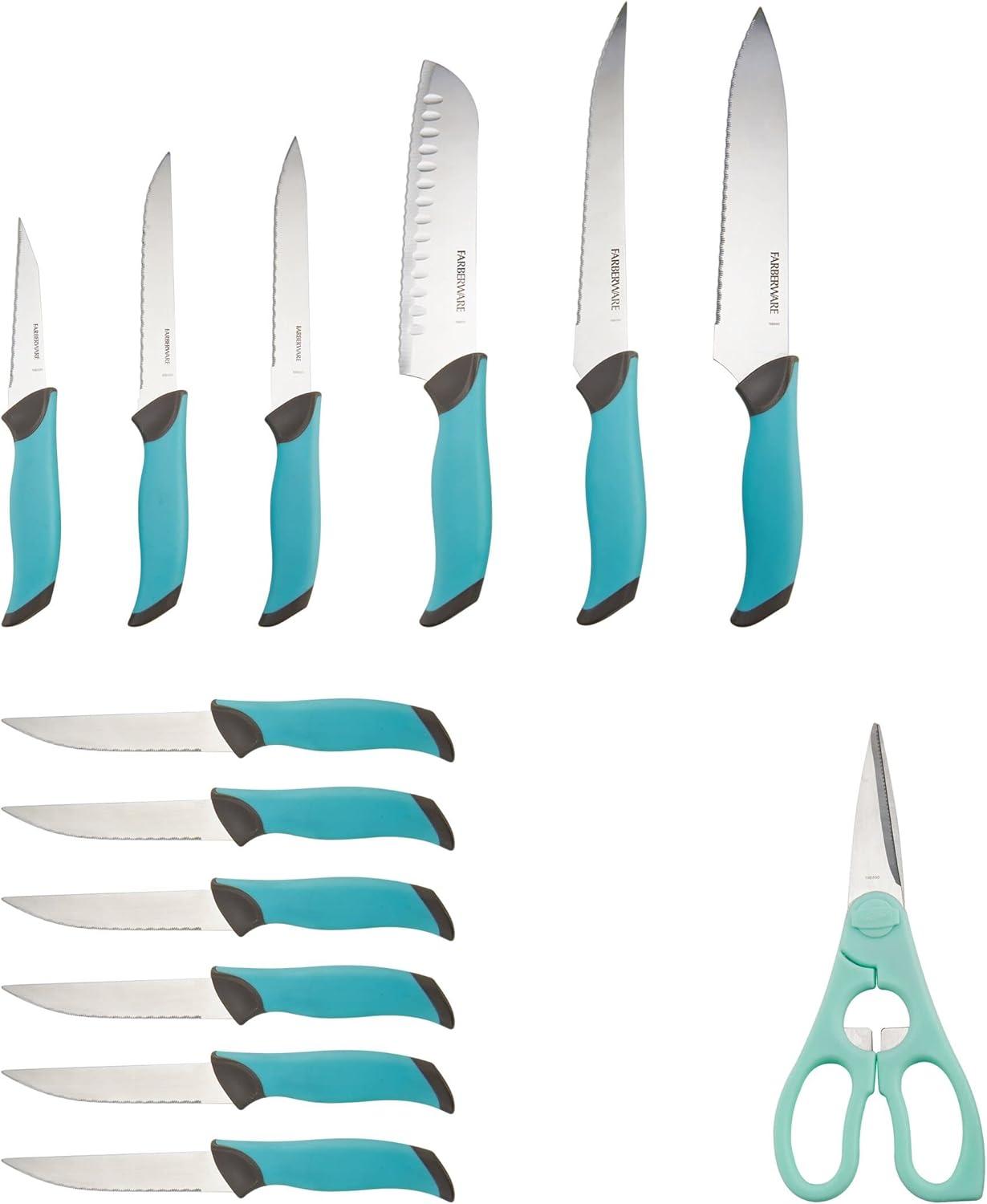 Aqua and Gray 14-Piece Soft Grip Knife Block Set