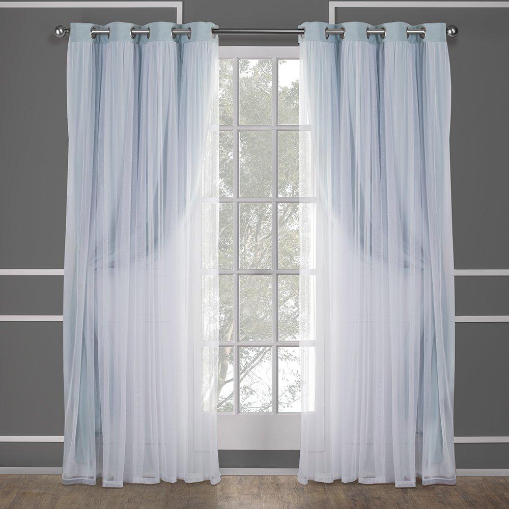 Set of 2 (84"x52") Caterina Layered Solid Blackout with Sheer Top Curtain Panels Aqua - Exclusive Home: Room Darkening, Thermal Insulated