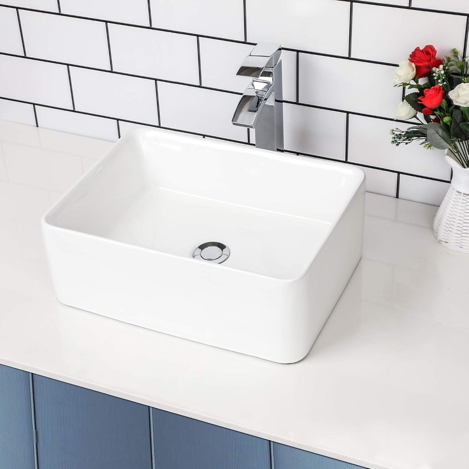 White Ceramic Rectangular Above-Counter Vessel Sink