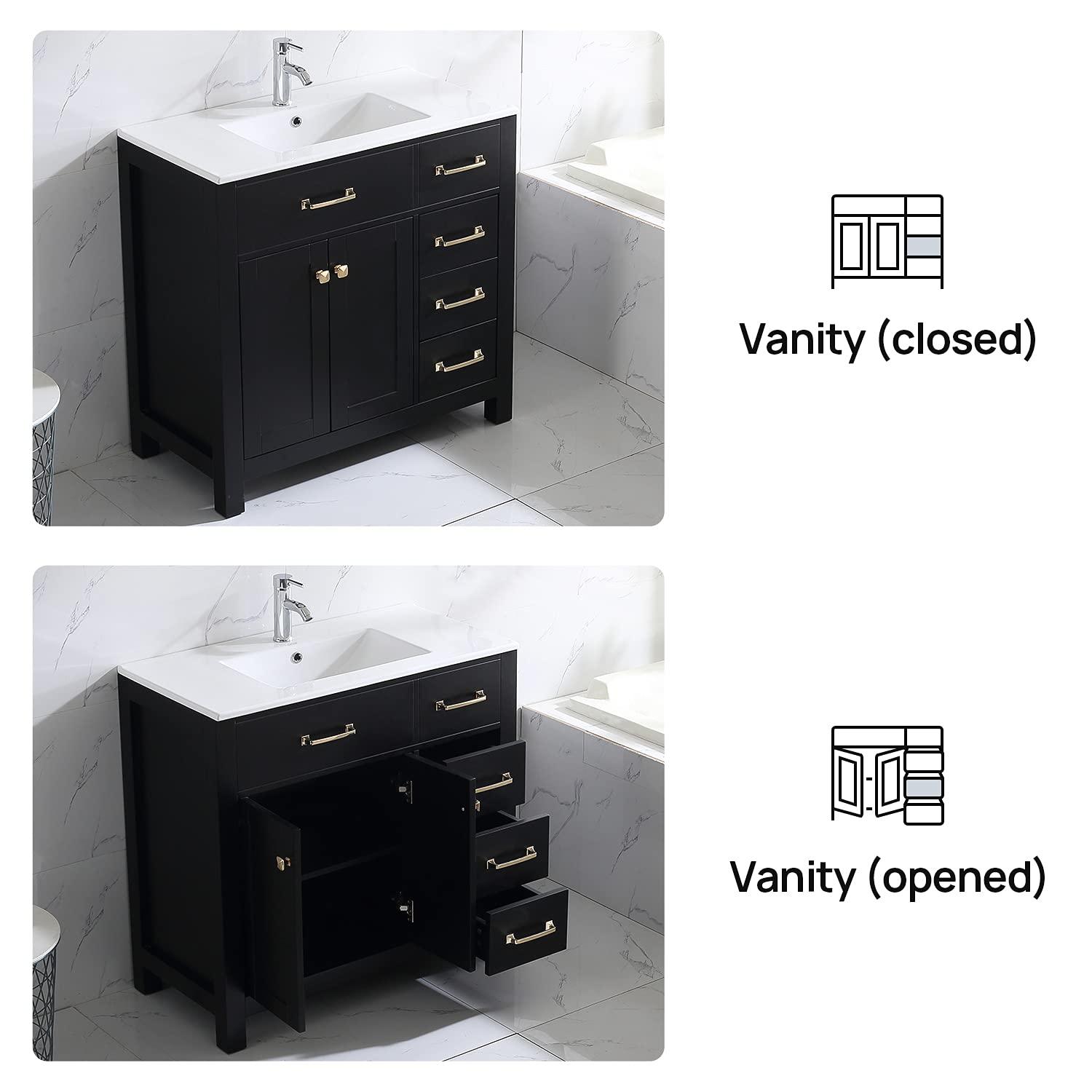 Wonline 36" Luxurious Bathroom Vanity with Sink Combo Set,Free Standing Bathroom Vanity Cabinet w/Thickened Wood, Faucet, Painted Surface, Mirror, Black