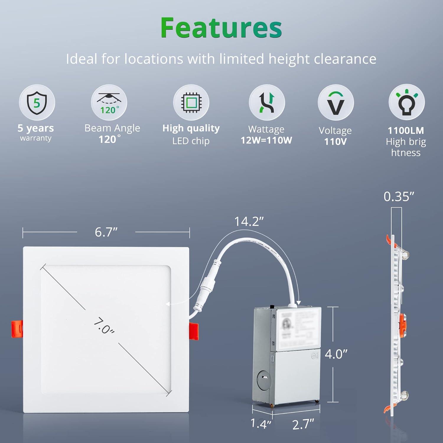 DAMINY 12 Pack 6 Inch LED Recessed Lighting with Junction Box,5Cct,Ultra-Thin Recessed Light,12W 1080Lm, Dimmable Canless Wafer Ceiling Light, High Brightness - ETL