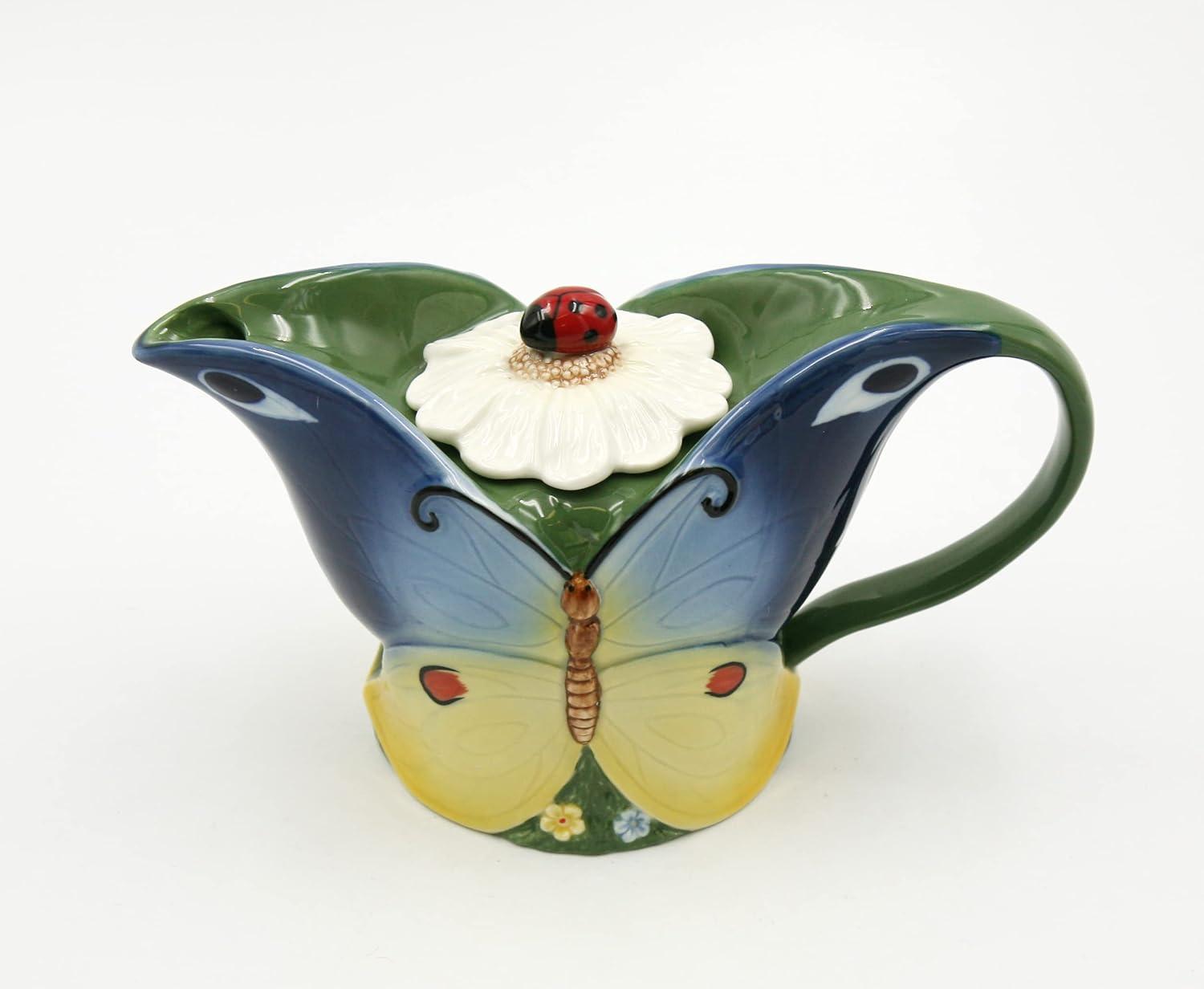 Whimsical Ceramic Butterfly Teapot with Ladybug Lid, 12 oz