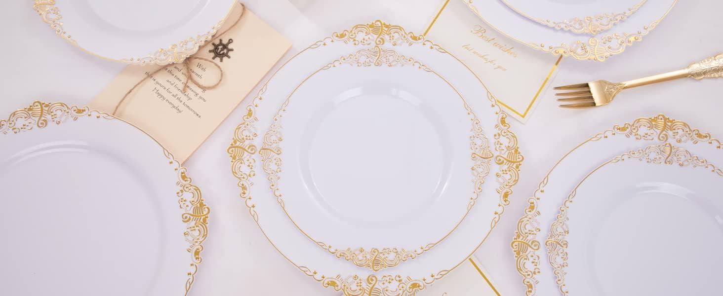 Elegant White and Gold 10.25" Plastic Dinner Plates Set