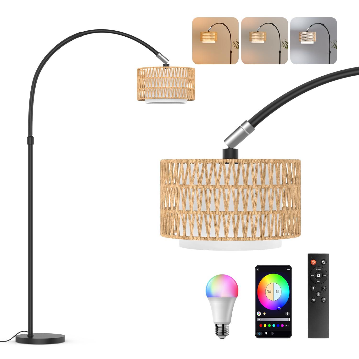 ROTTOGOON Boho Floor Lamp with Dimmable Bulb, Rattan &Linen Double Shades, Boho Standing Tall Lamps with Foot Switch, Bohemian Floor Lamps for Living Room, Bedroom, Office
